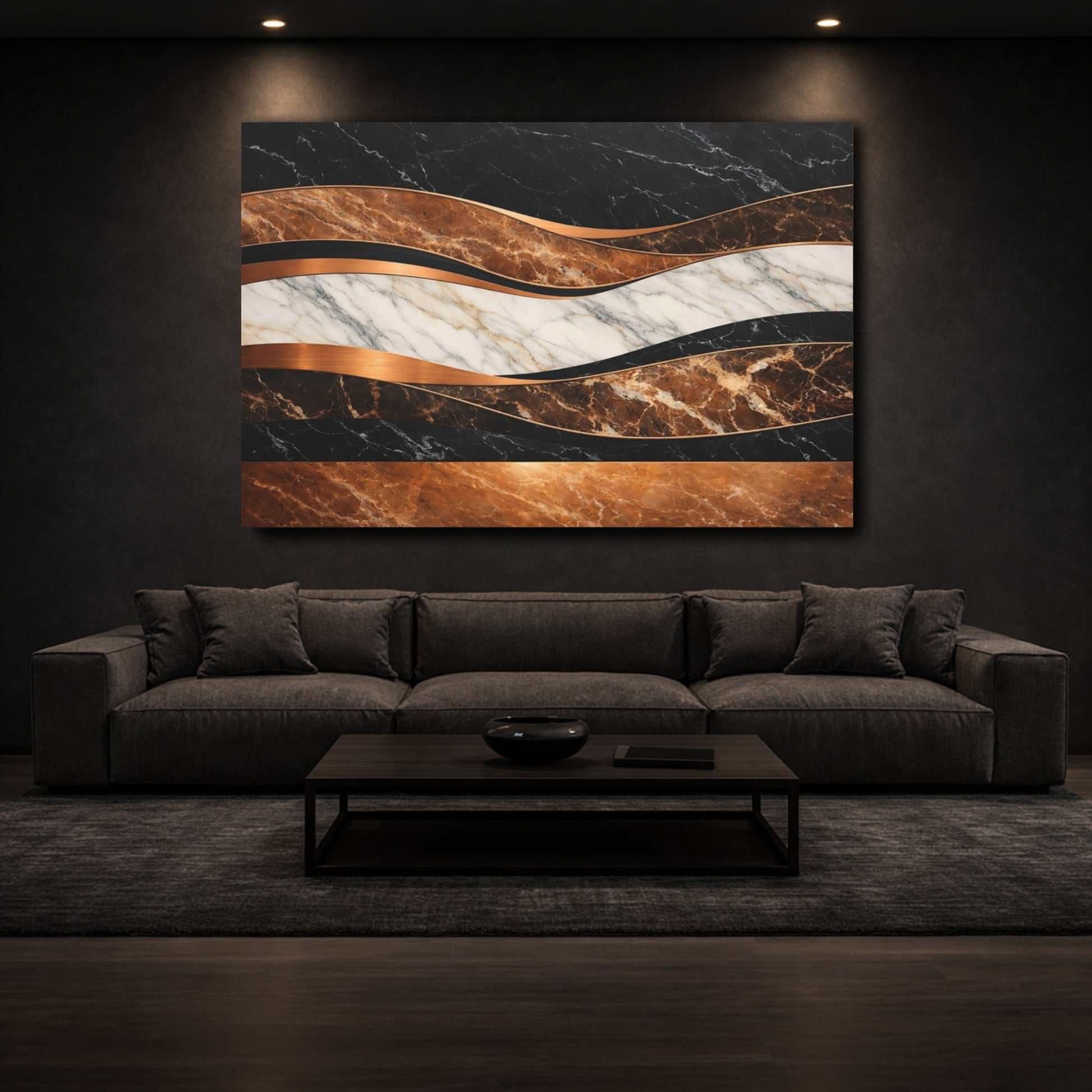 Mockup 2. Abstract Abstract Marble Black Brown Copper Marble shown as stretched canvas wall art