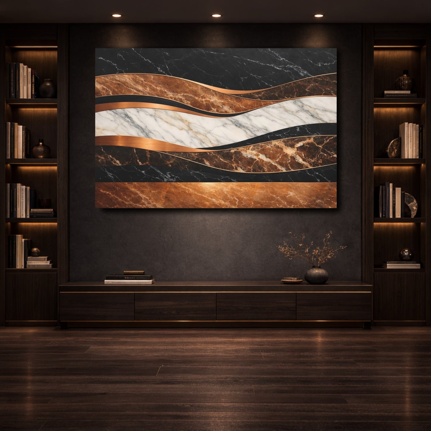 Mockup 3. Abstract Abstract Marble Black Brown Copper Marble shown as stretched canvas wall art