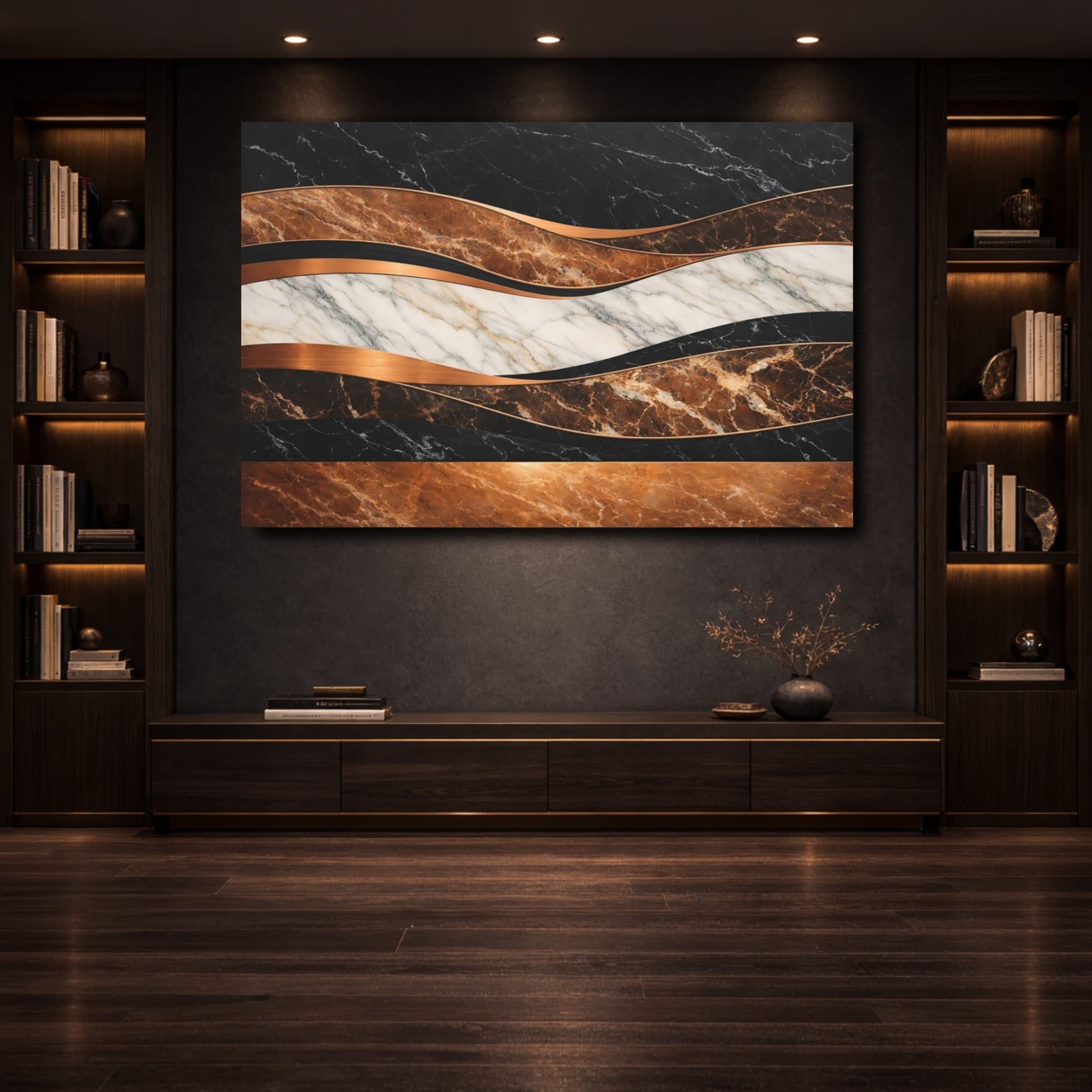 Mockup 3. Abstract Abstract Marble Black Brown Copper Marble shown as stretched canvas wall art