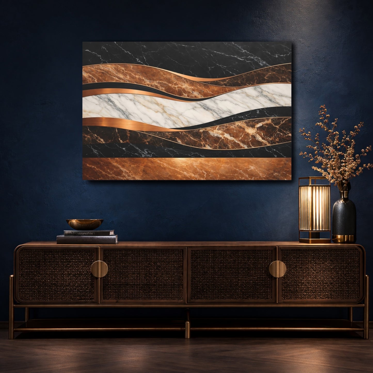 Mockup 4. Abstract Abstract Marble Black Brown Copper Marble shown as stretched canvas wall art