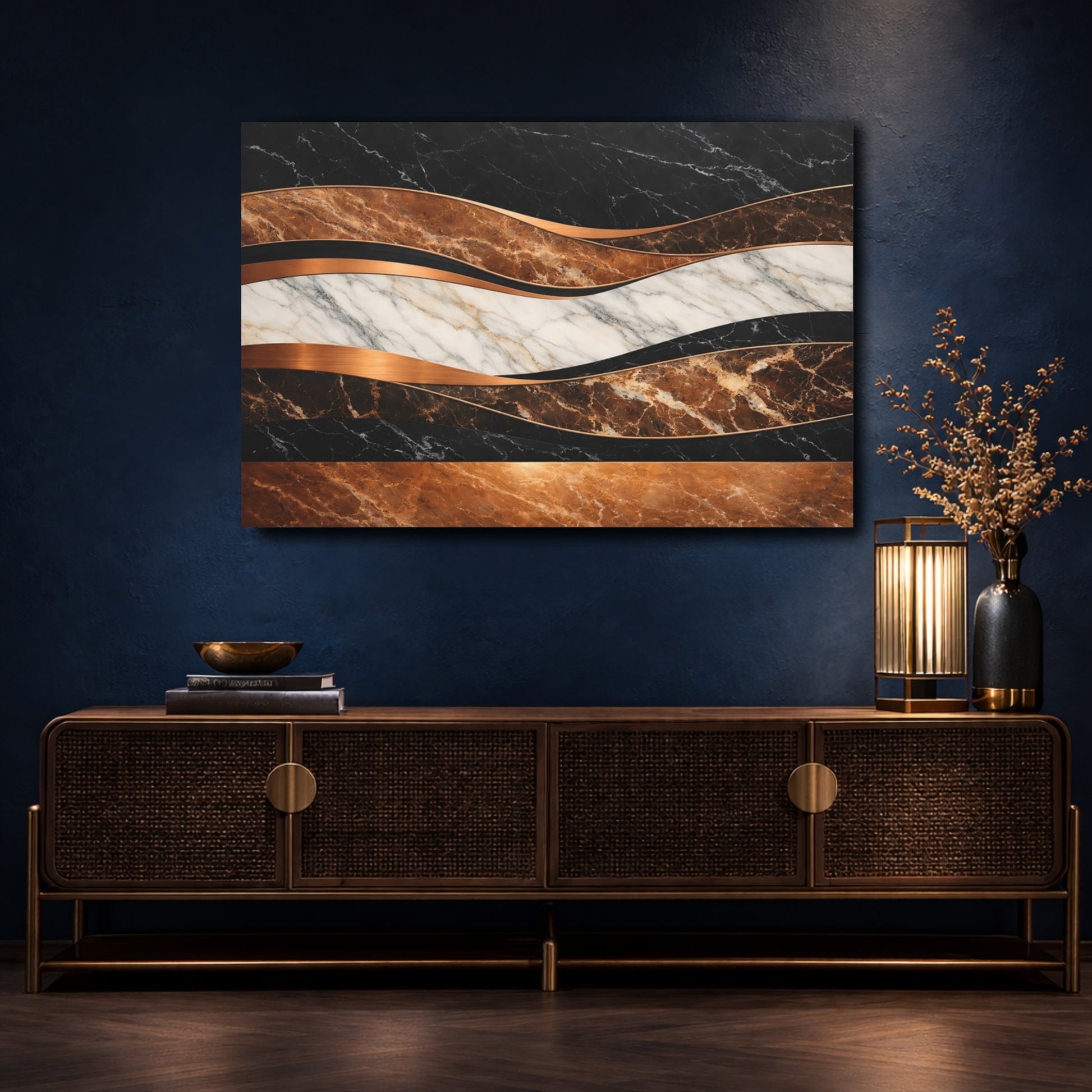 Mockup 4. Abstract Abstract Marble Black Brown Copper Marble shown as stretched canvas wall art