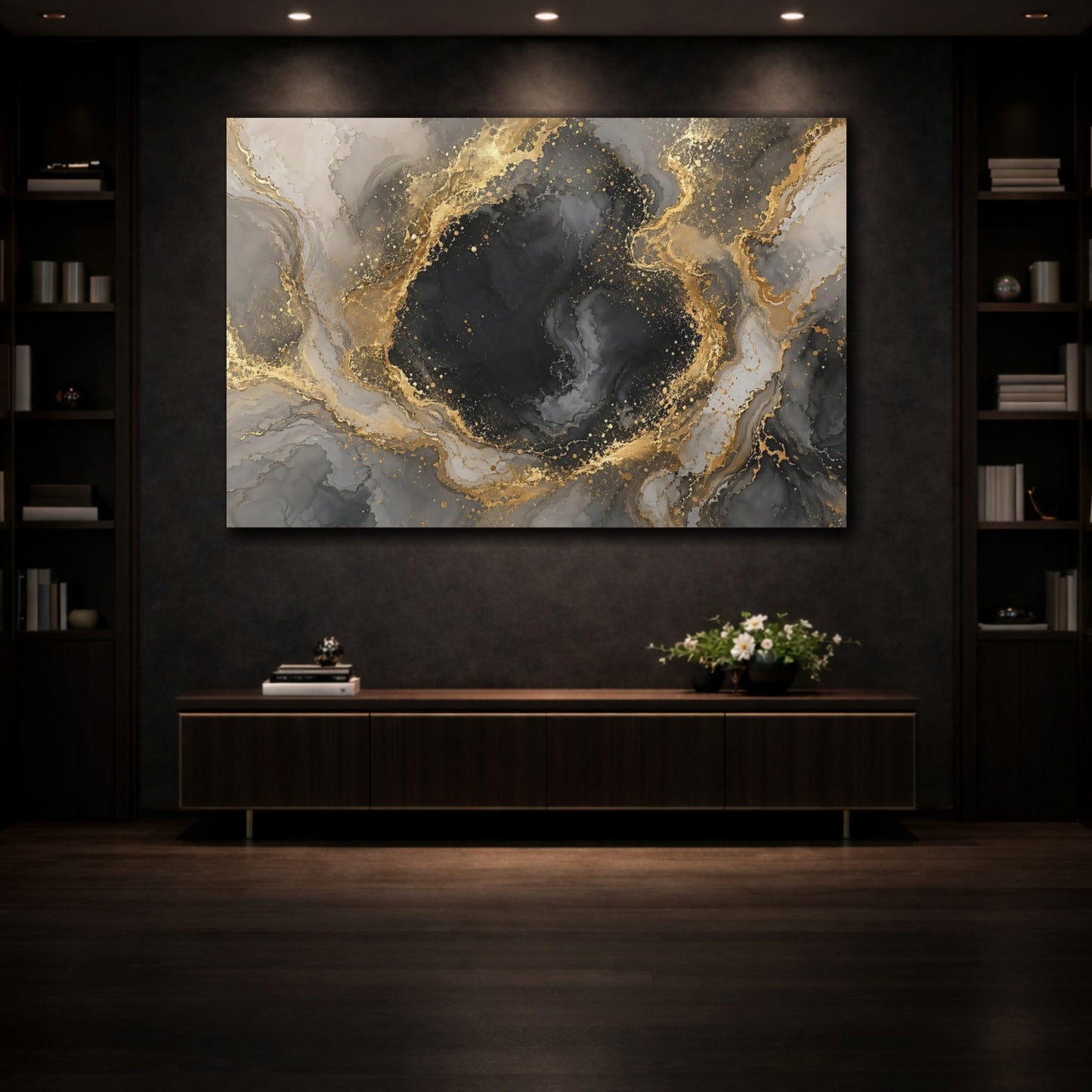 Mockup 3. Abstract Abstract Marble Black Gold Marble shown as stretched canvas wall art