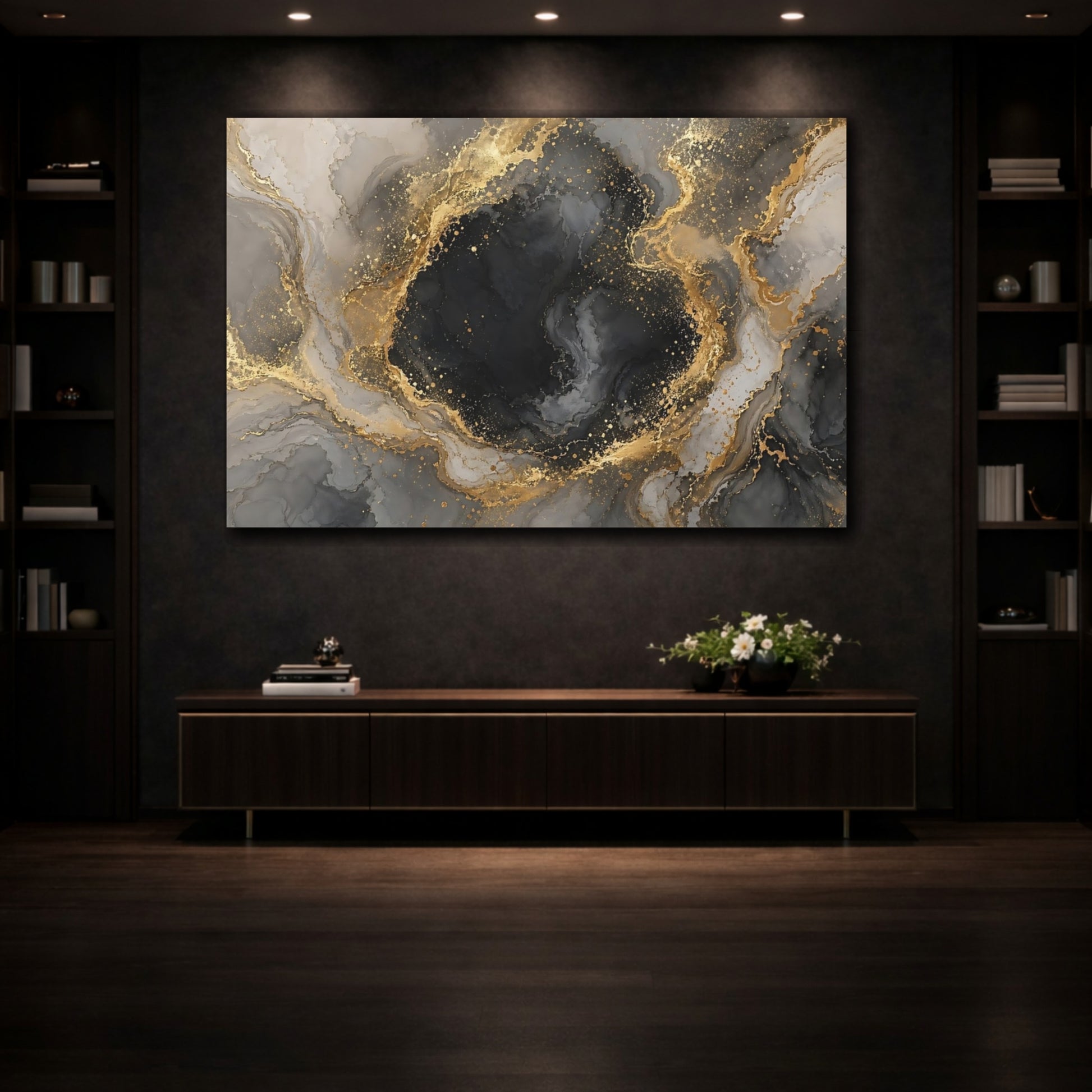 Mockup 3. Abstract Abstract Marble Black Gold Marble shown as stretched canvas wall art