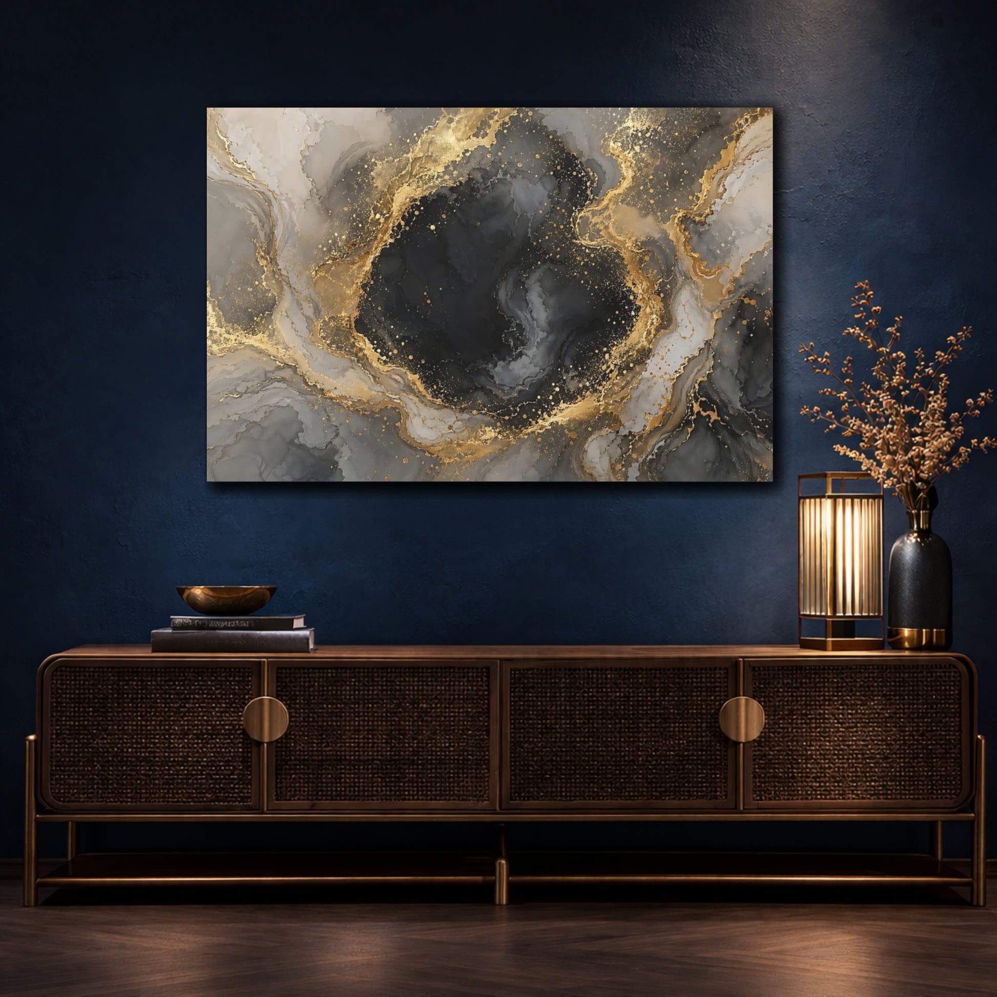Mockup 4. Abstract Abstract Marble Black Gold Marble shown as stretched canvas wall art