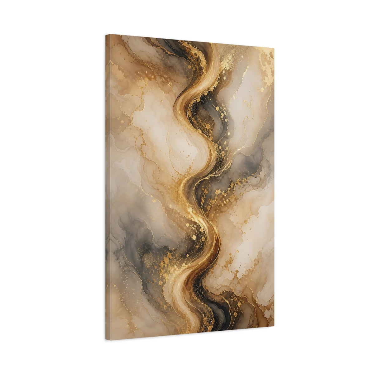 Main Mockup. Abstract Abstract Marble Gold And Black Marble shown as stretched canvas wall art