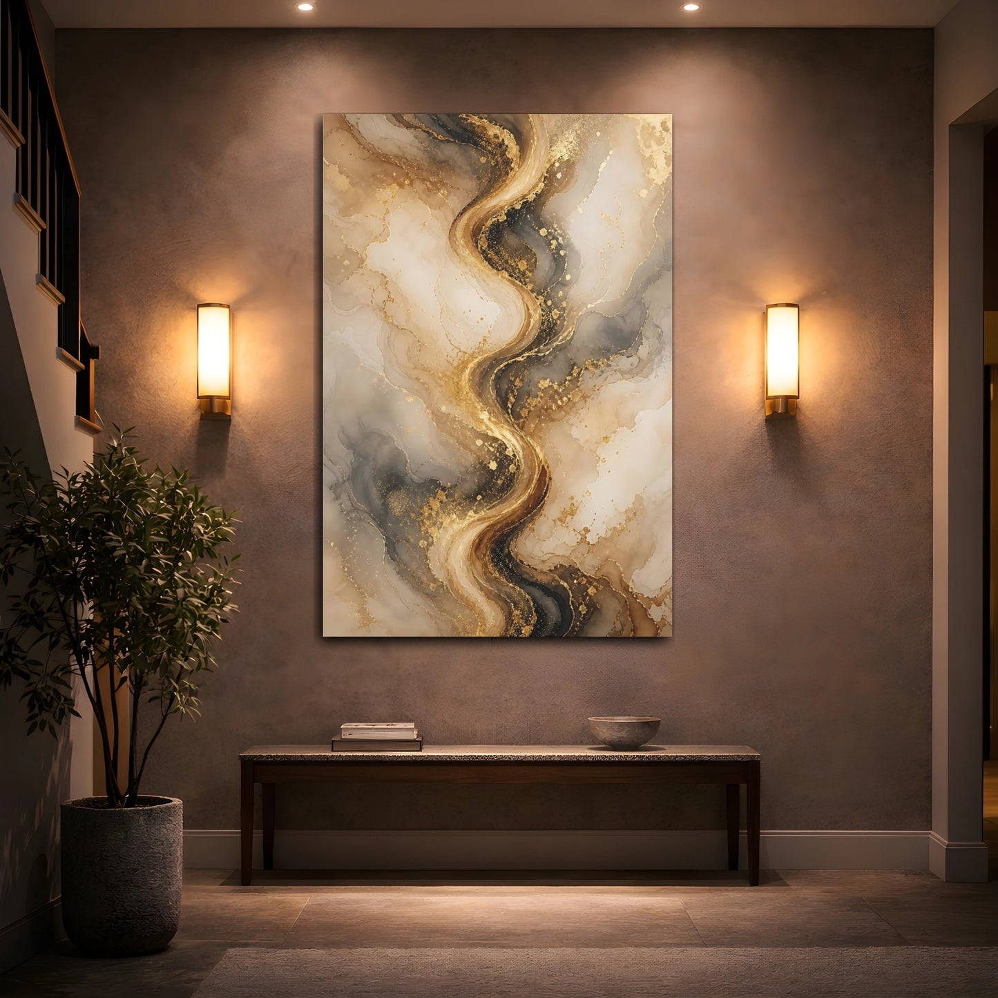 Mockup 2. Abstract Abstract Marble Gold And Black Marble shown as stretched canvas wall art