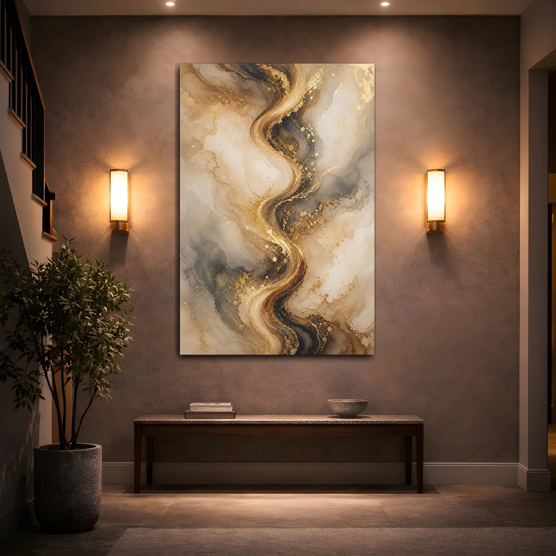 Mockup 2. Abstract Abstract Marble Gold And Black Marble shown as stretched canvas wall art