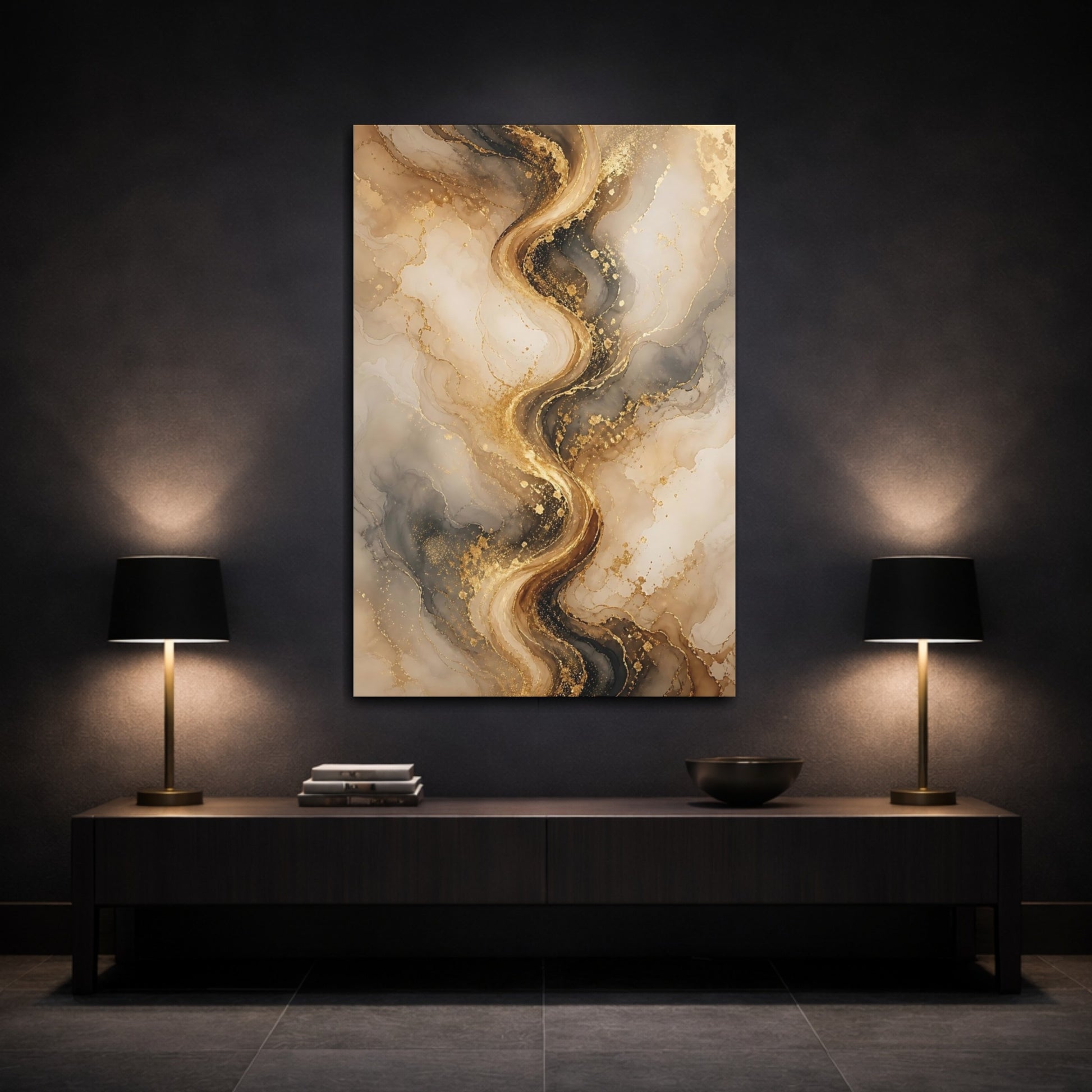 Mockup 3. Abstract Abstract Marble Gold And Black Marble shown as stretched canvas wall art