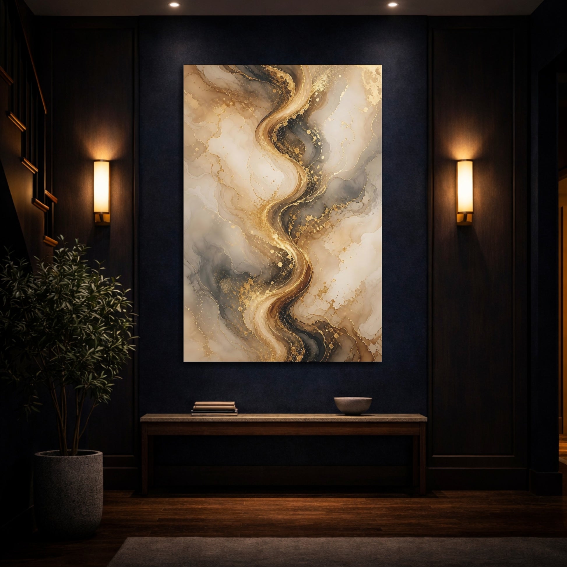 Mockup 4. Abstract Abstract Marble Gold And Black Marble shown as stretched canvas wall art