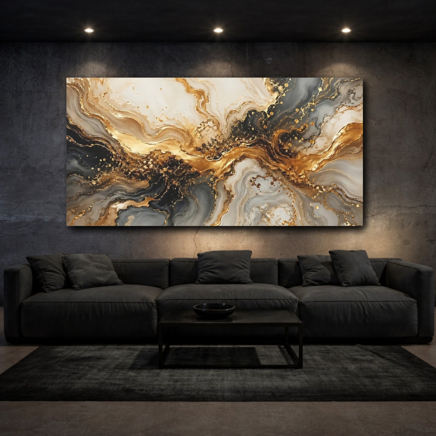 Mockup 2. Abstract Abstract Marble Gold And Grey shown as stretched canvas wall art