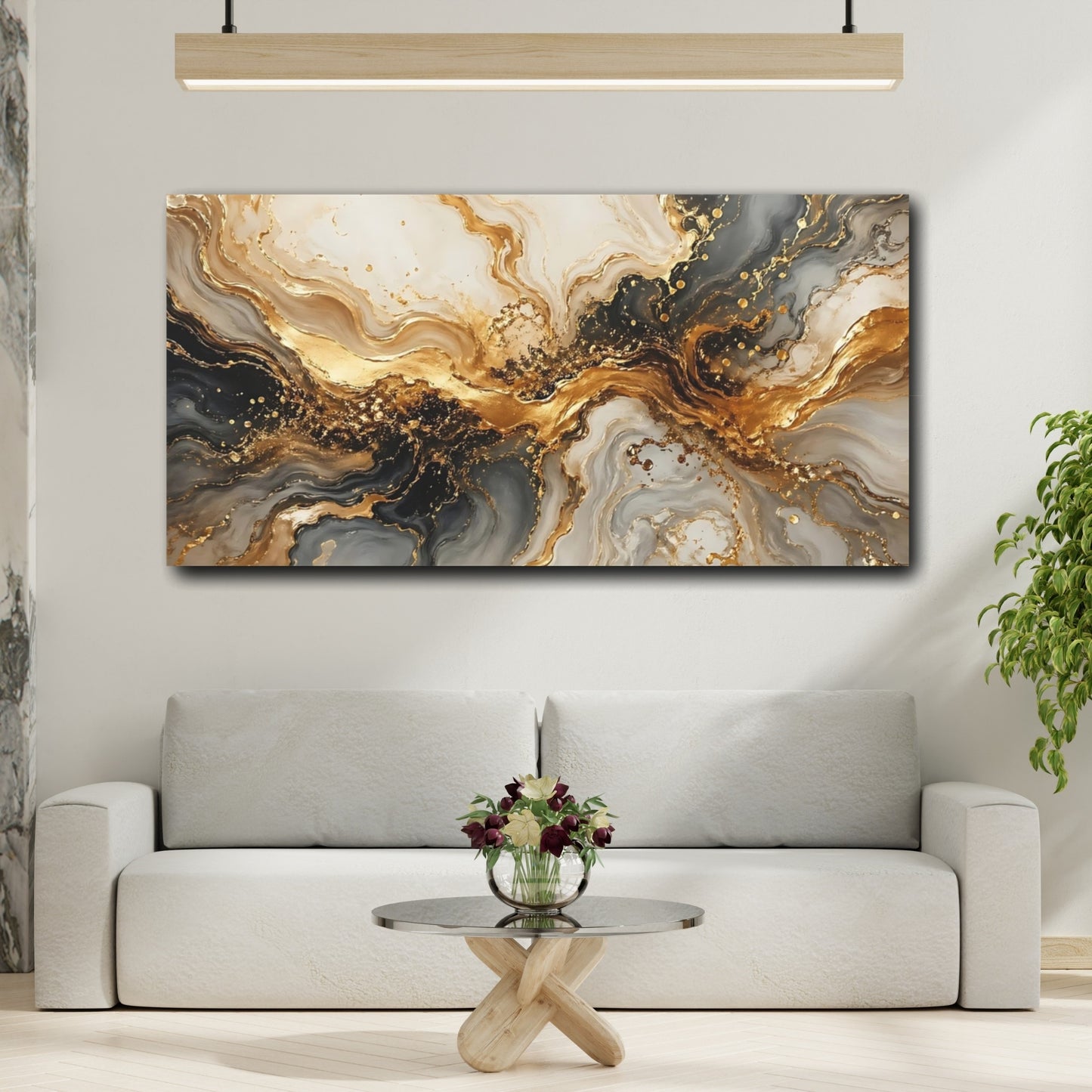 Mockup 3. Abstract Abstract Marble Gold And Grey shown as stretched canvas wall art