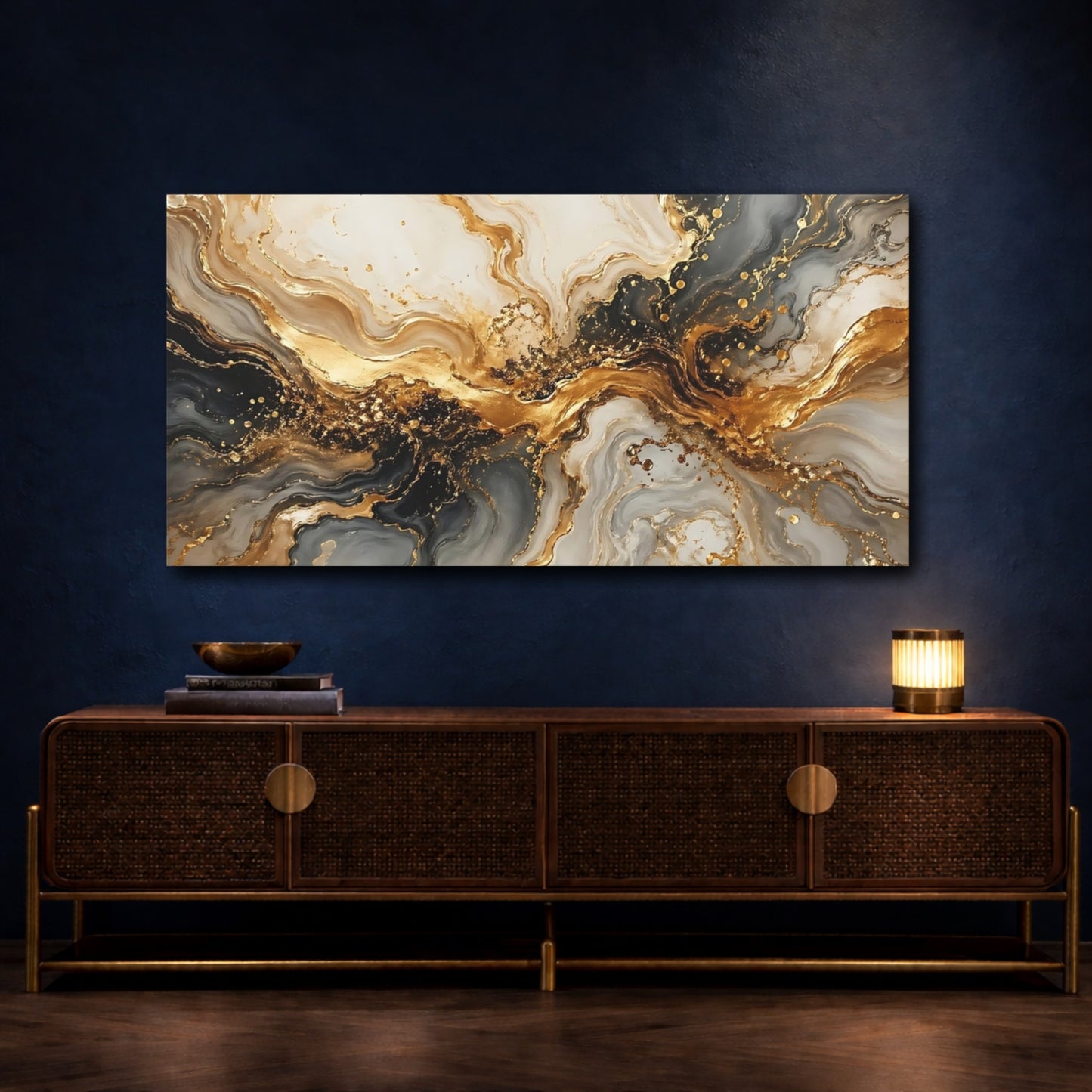 Mockup 4. Abstract Abstract Marble Gold And Grey shown as stretched canvas wall art