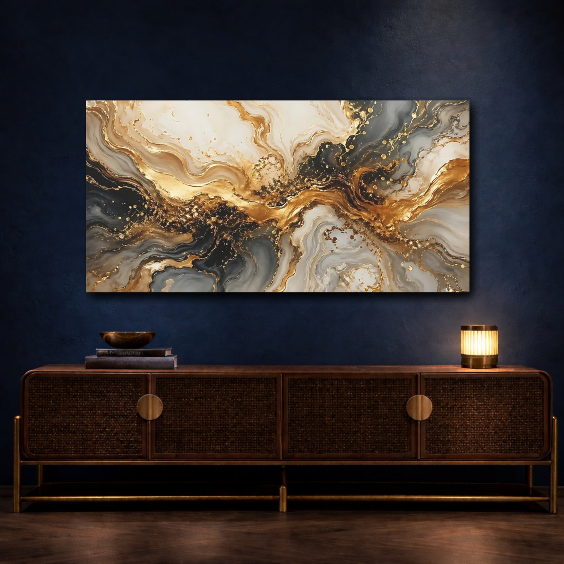 Mockup 4. Abstract Abstract Marble Gold And Grey shown as stretched canvas wall art