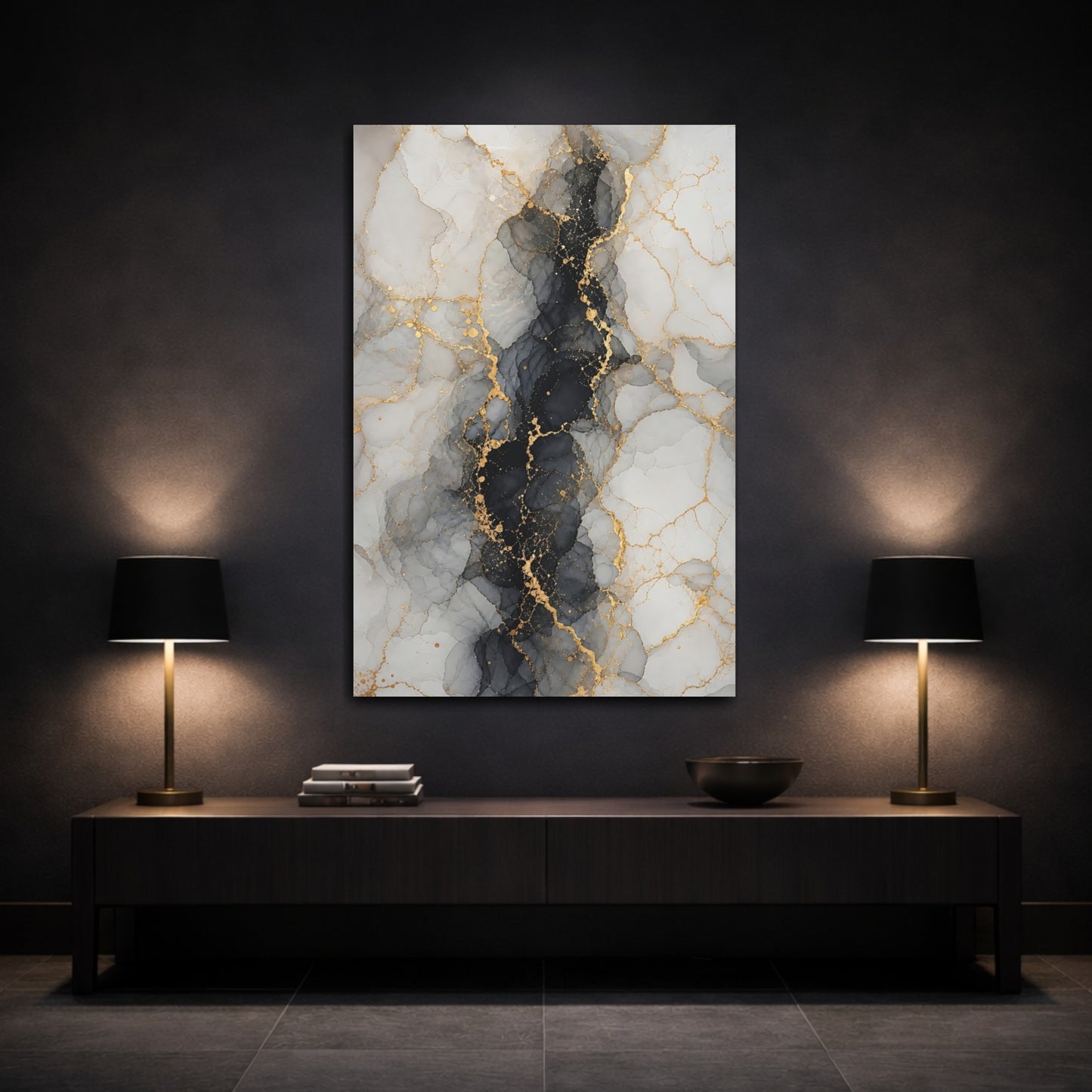 Mockup 3. Abstract Abstract Marble Gray Gold Abstract shown as stretched canvas wall art