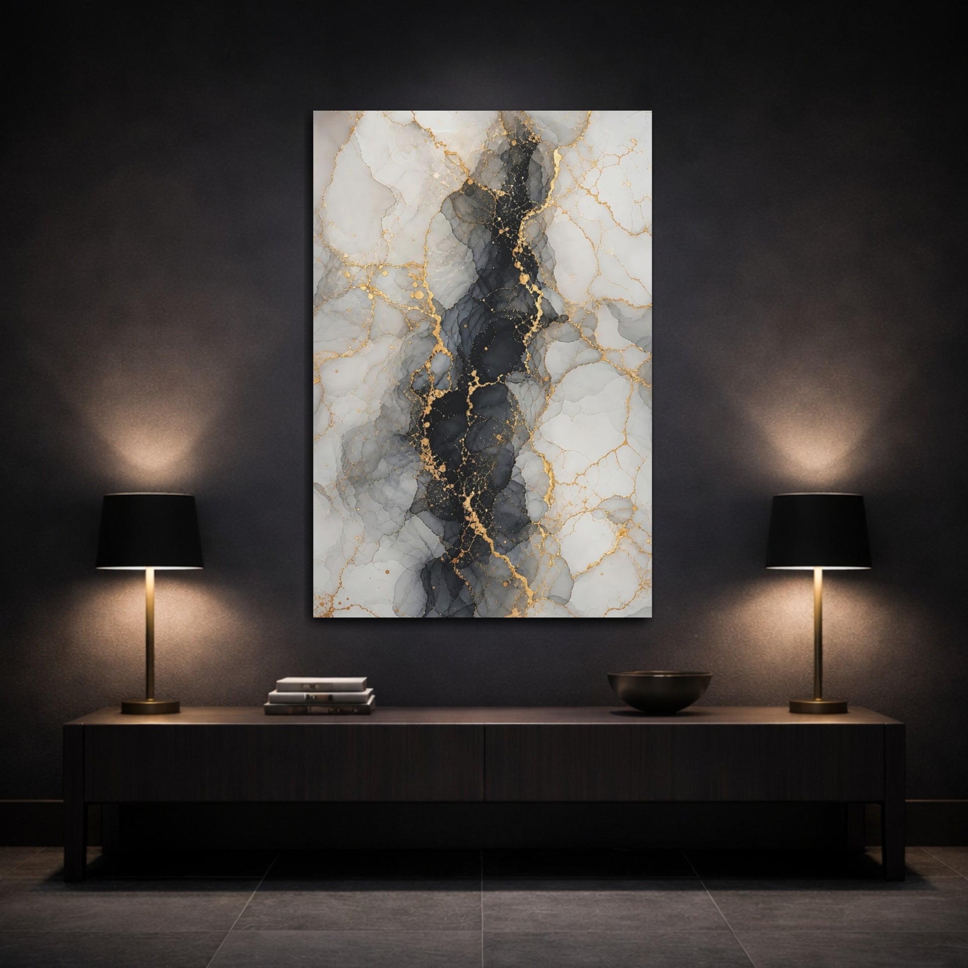 Mockup 3. Abstract Abstract Marble Gray Gold Abstract shown as stretched canvas wall art