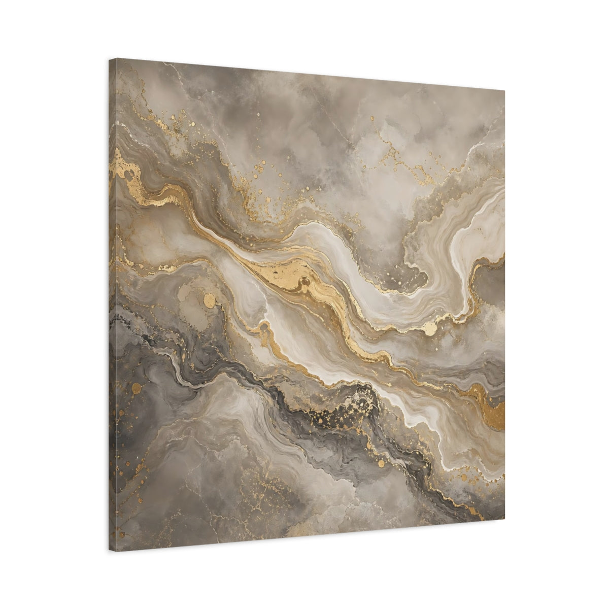 Main Mockup. Abstract Abstract Marble Grey Gold Marble shown as stretched canvas wall art