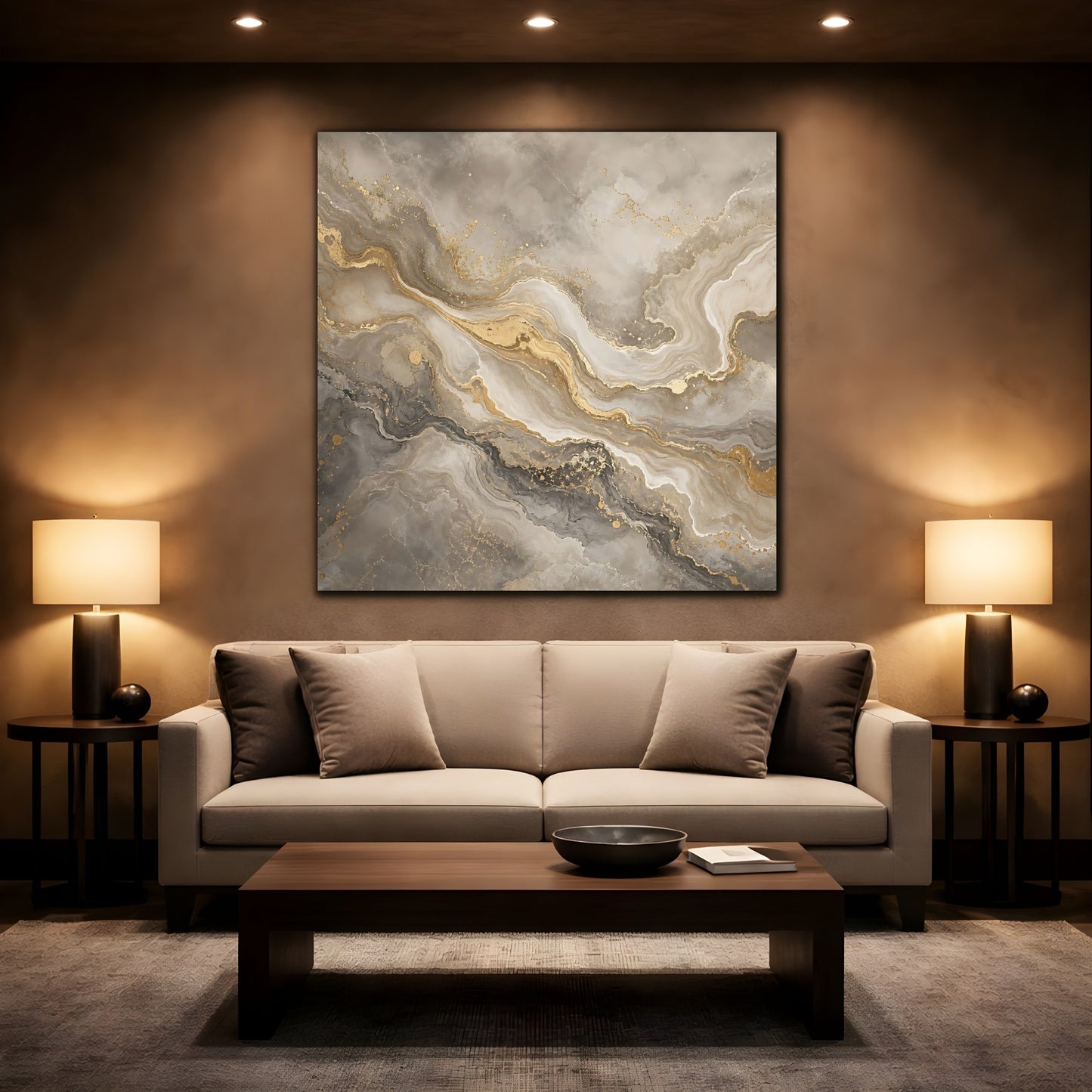 Mockup 2. Abstract Abstract Marble Grey Gold Marble shown as stretched canvas wall art