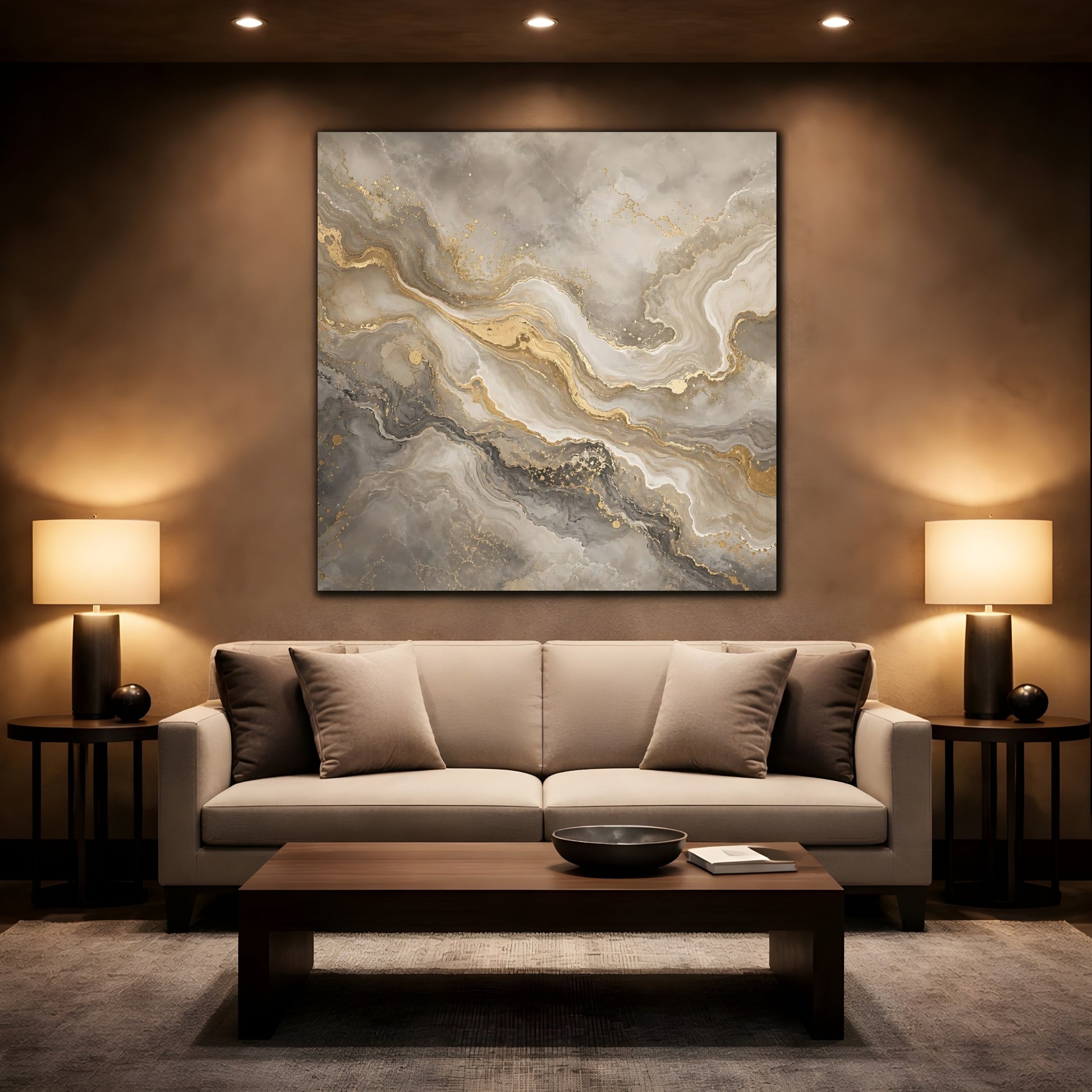 Mockup 2. Abstract Abstract Marble Grey Gold Marble shown as stretched canvas wall art