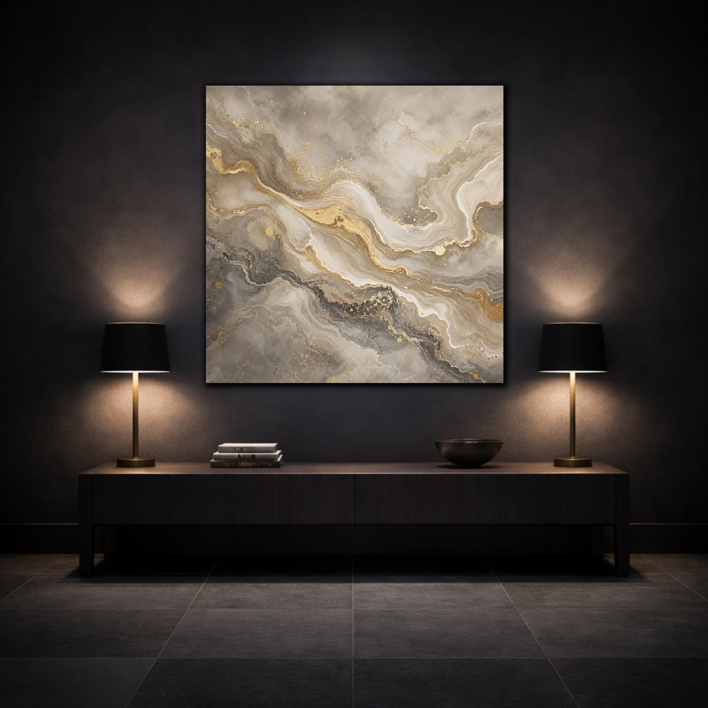 Mockup 3. Abstract Abstract Marble Grey Gold Marble shown as stretched canvas wall art