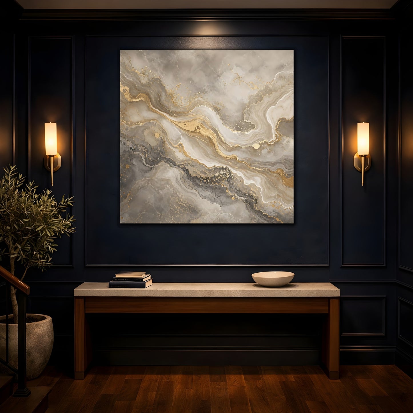 Mockup 4. Abstract Abstract Marble Grey Gold Marble shown as stretched canvas wall art
