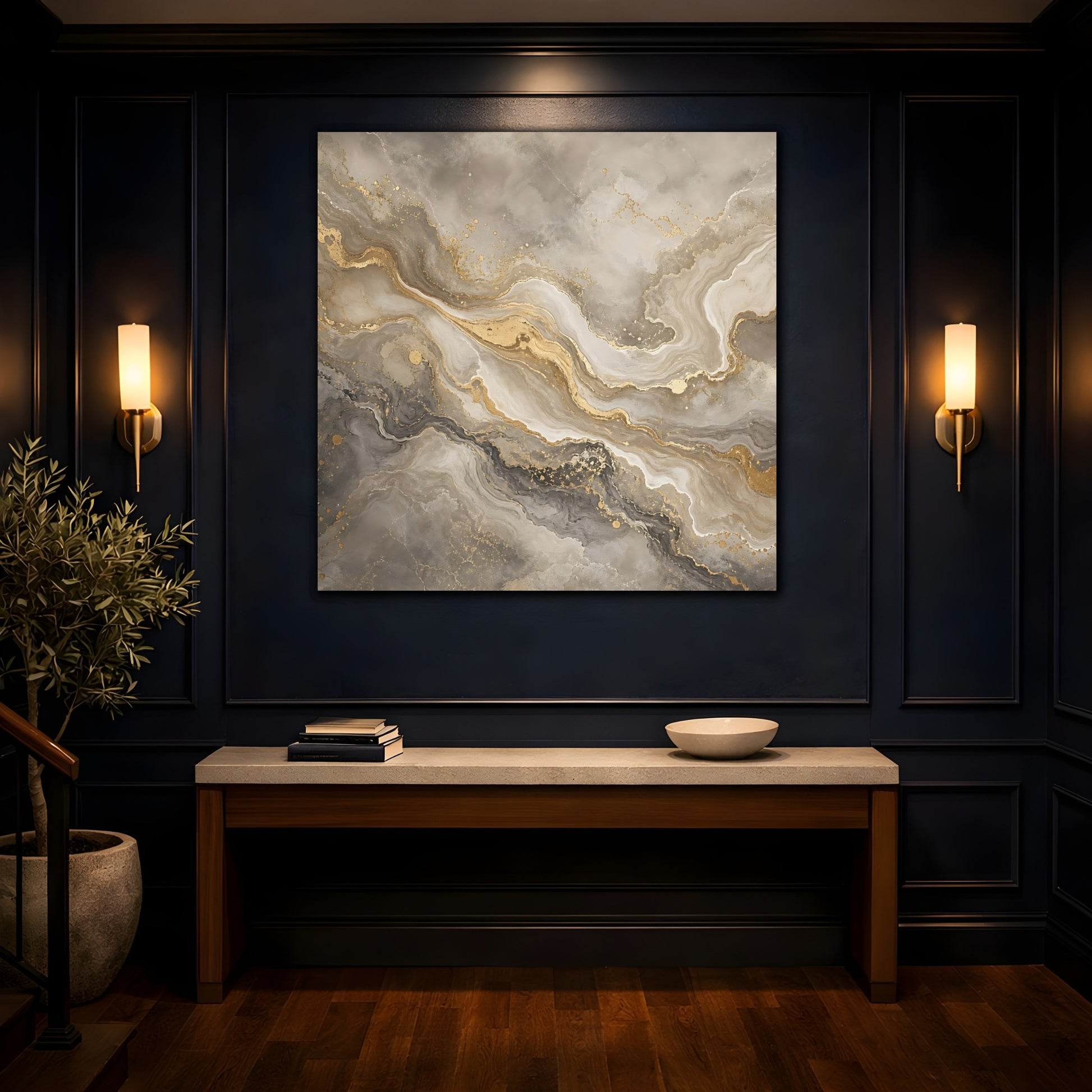 Mockup 4. Abstract Abstract Marble Grey Gold Marble shown as stretched canvas wall art