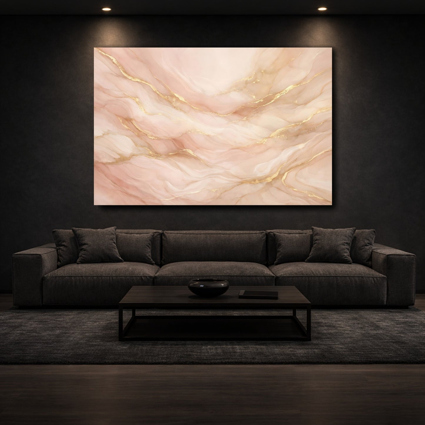 Mockup 2. Abstract Abstract Marble Pink And Gold shown as stretched canvas wall art