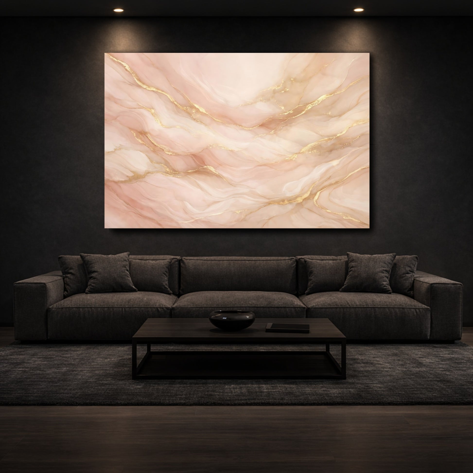 Mockup 2. Abstract Abstract Marble Pink And Gold shown as stretched canvas wall art