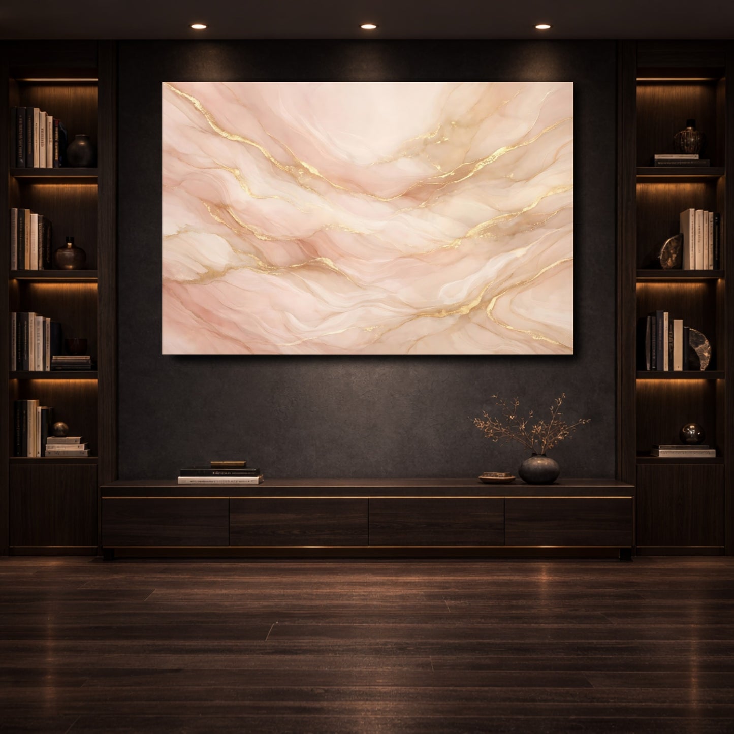 Mockup 3. Abstract Abstract Marble Pink And Gold shown as stretched canvas wall art