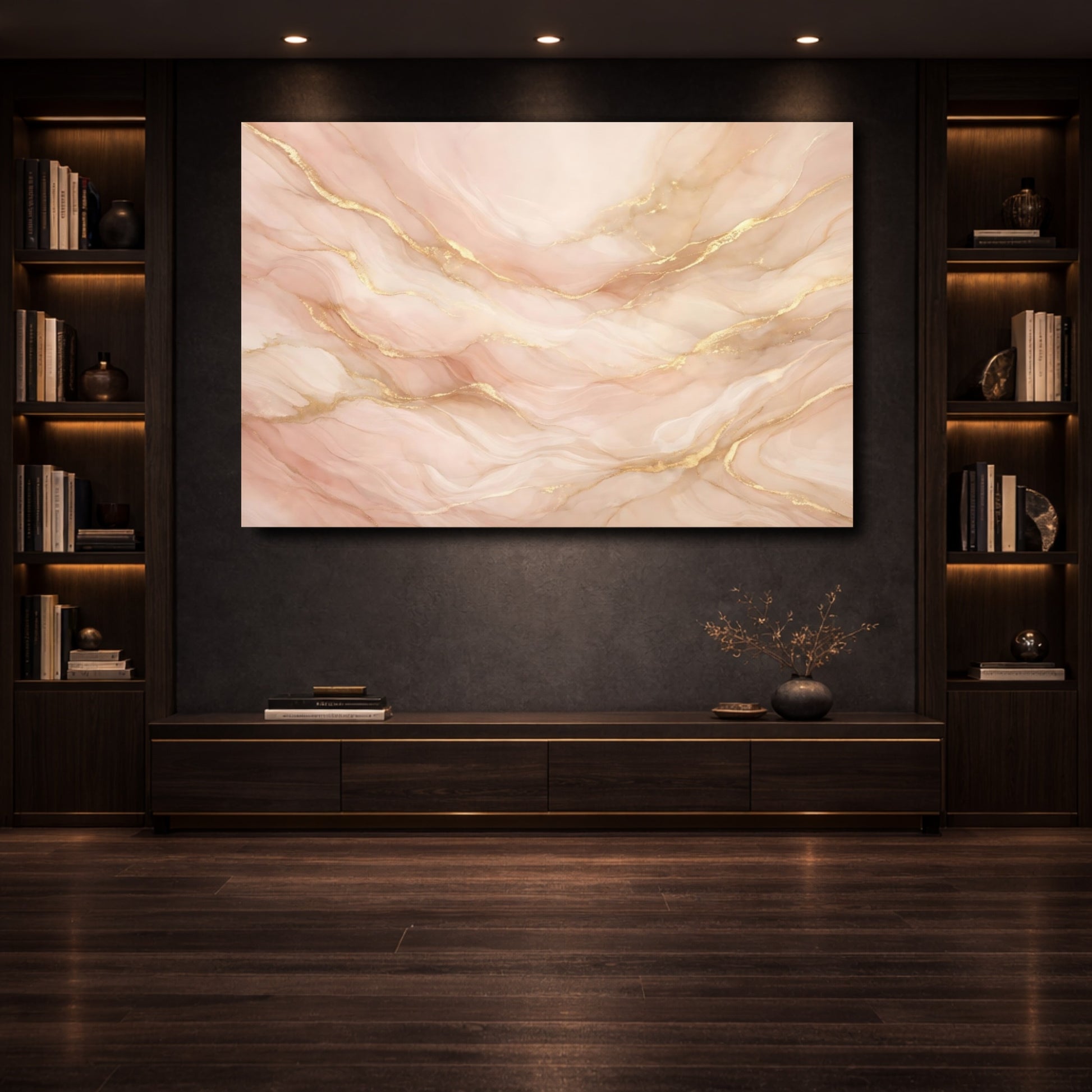 Mockup 3. Abstract Abstract Marble Pink And Gold shown as stretched canvas wall art
