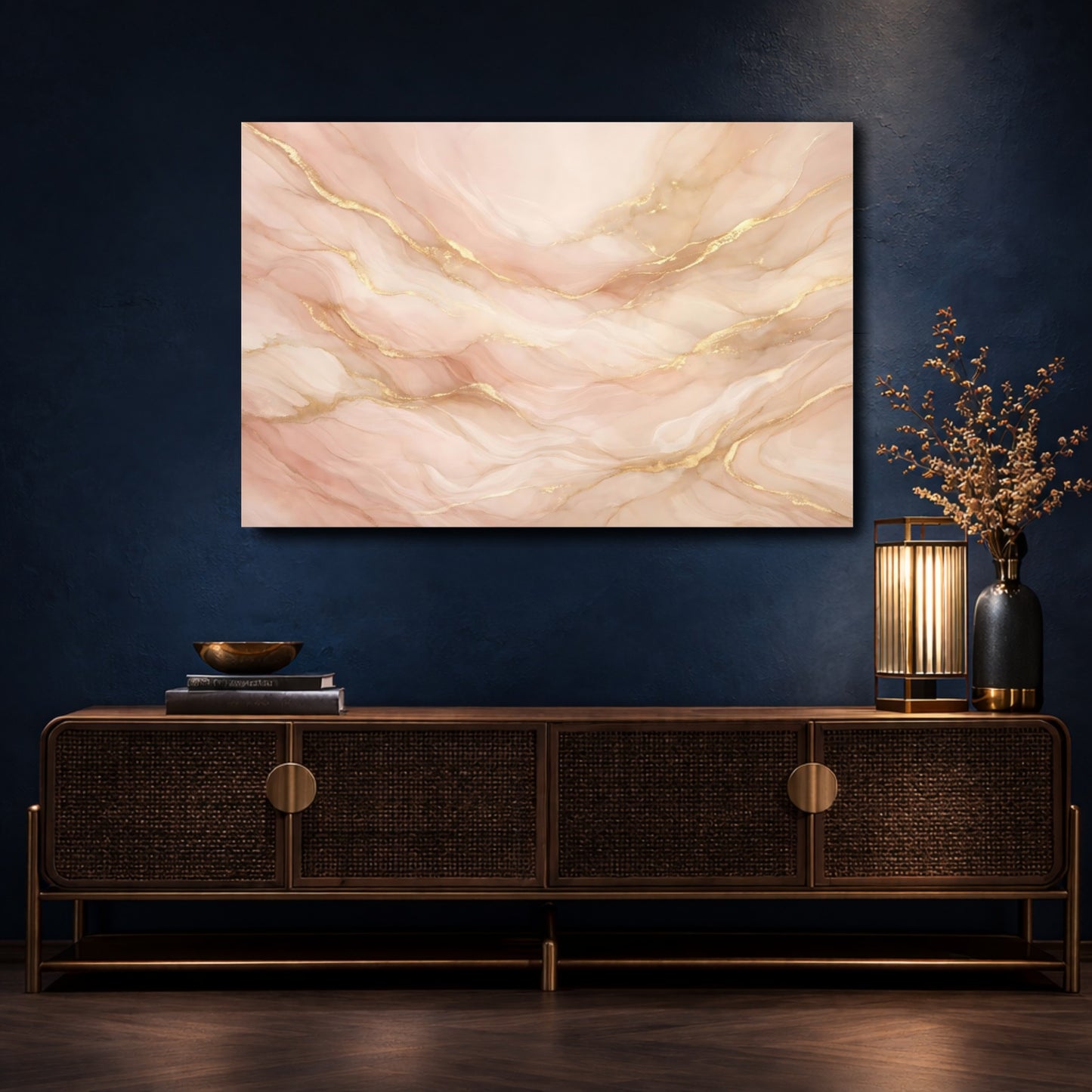 Mockup 4. Abstract Abstract Marble Pink And Gold shown as stretched canvas wall art