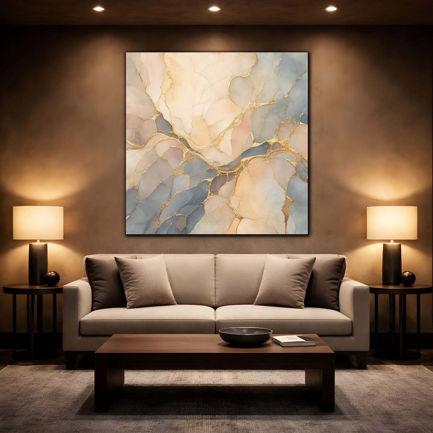 Mockup 2. Abstract Abstract Marble Soft Gold Marble shown as stretched canvas wall art