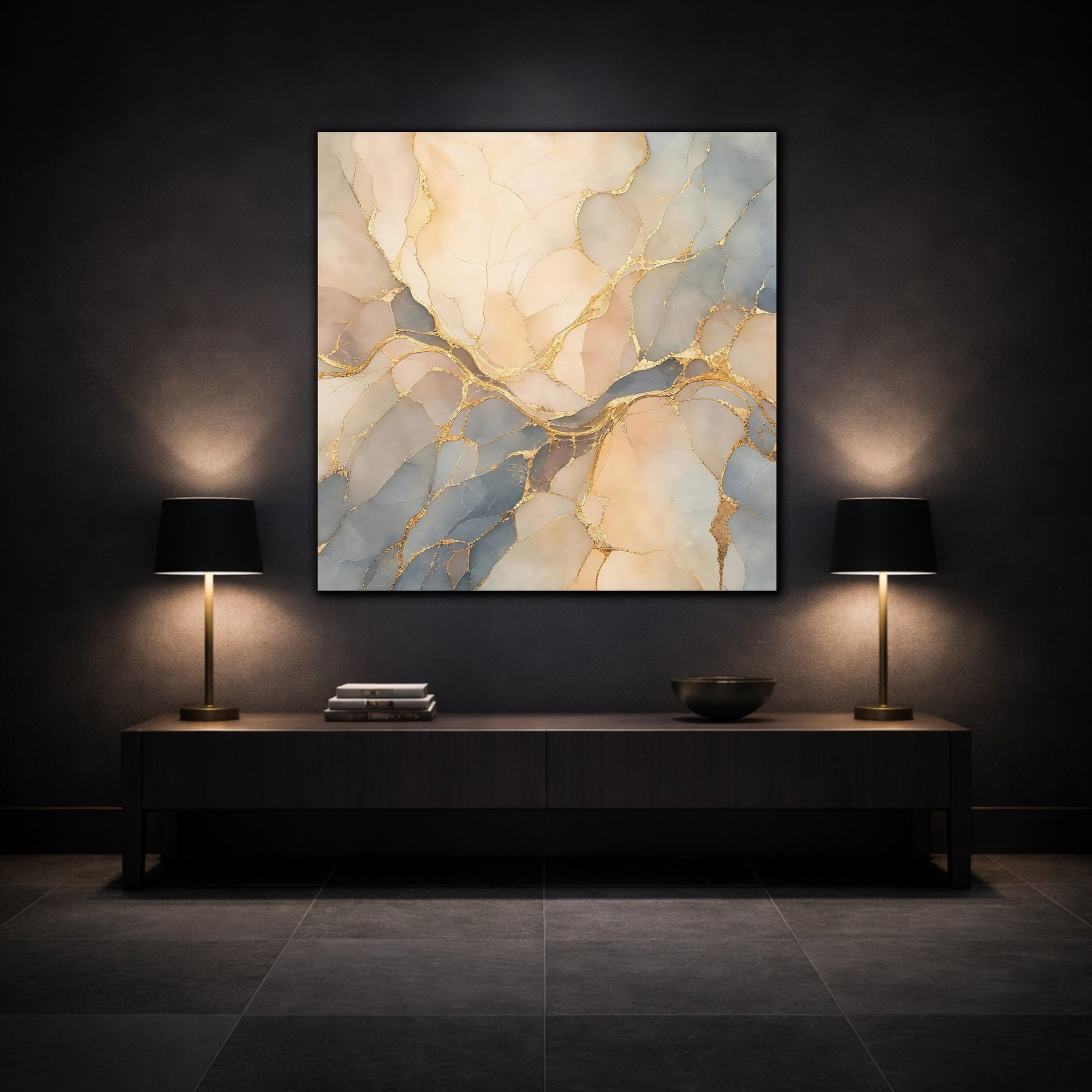Mockup 3. Abstract Abstract Marble Soft Gold Marble shown as stretched canvas wall art