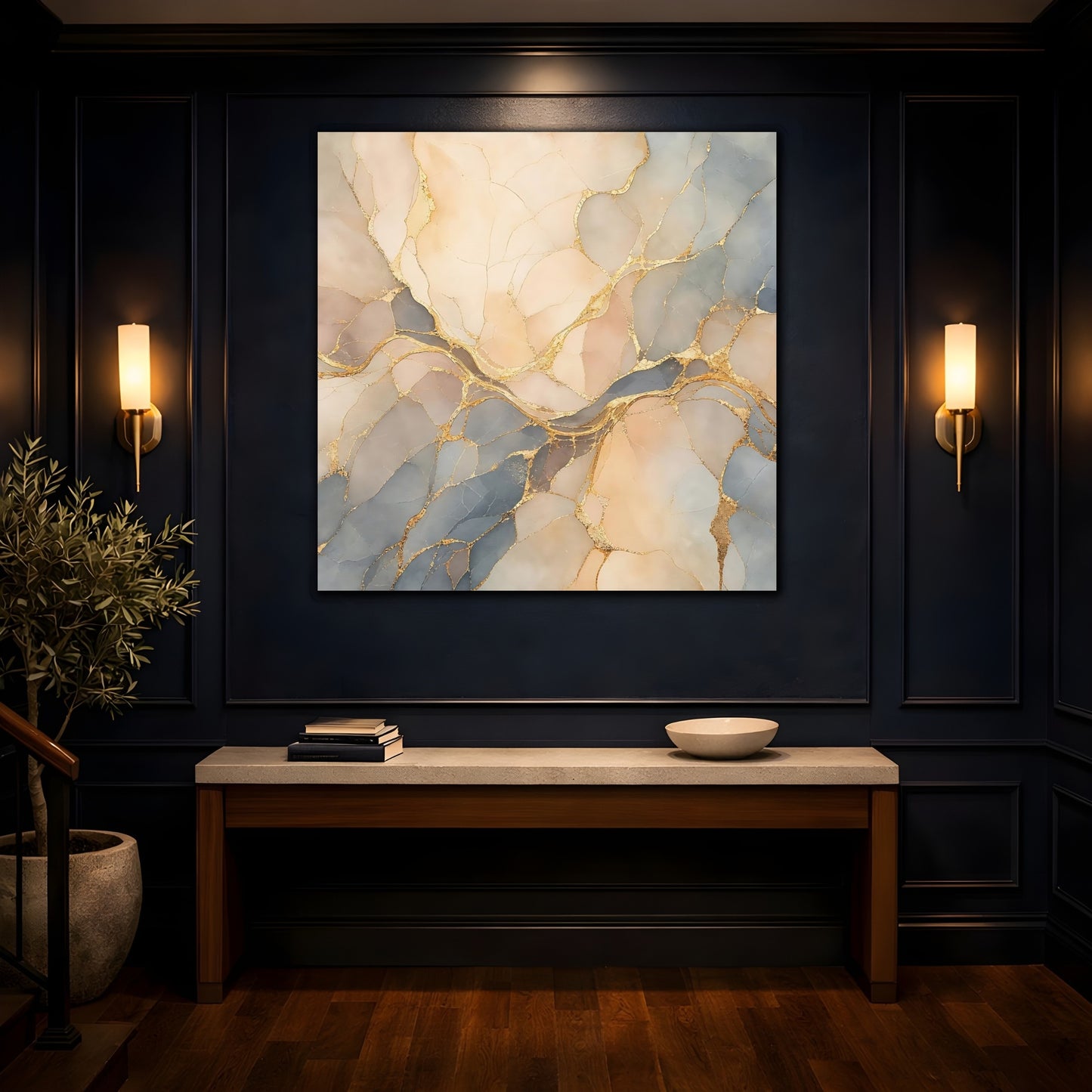 Mockup 4. Abstract Abstract Marble Soft Gold Marble shown as stretched canvas wall art