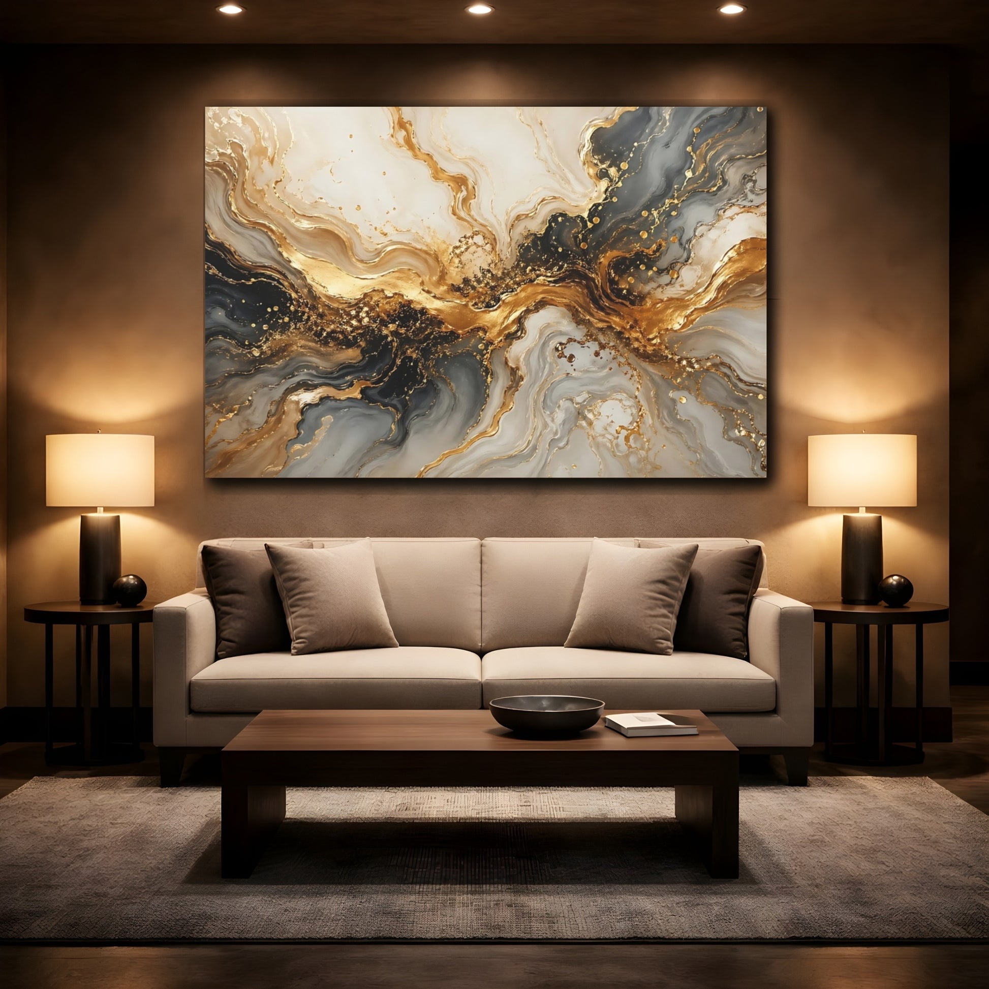 Mockup 2. Abstract Abstract Marbling Gold And Grey shown as stretched canvas wall art