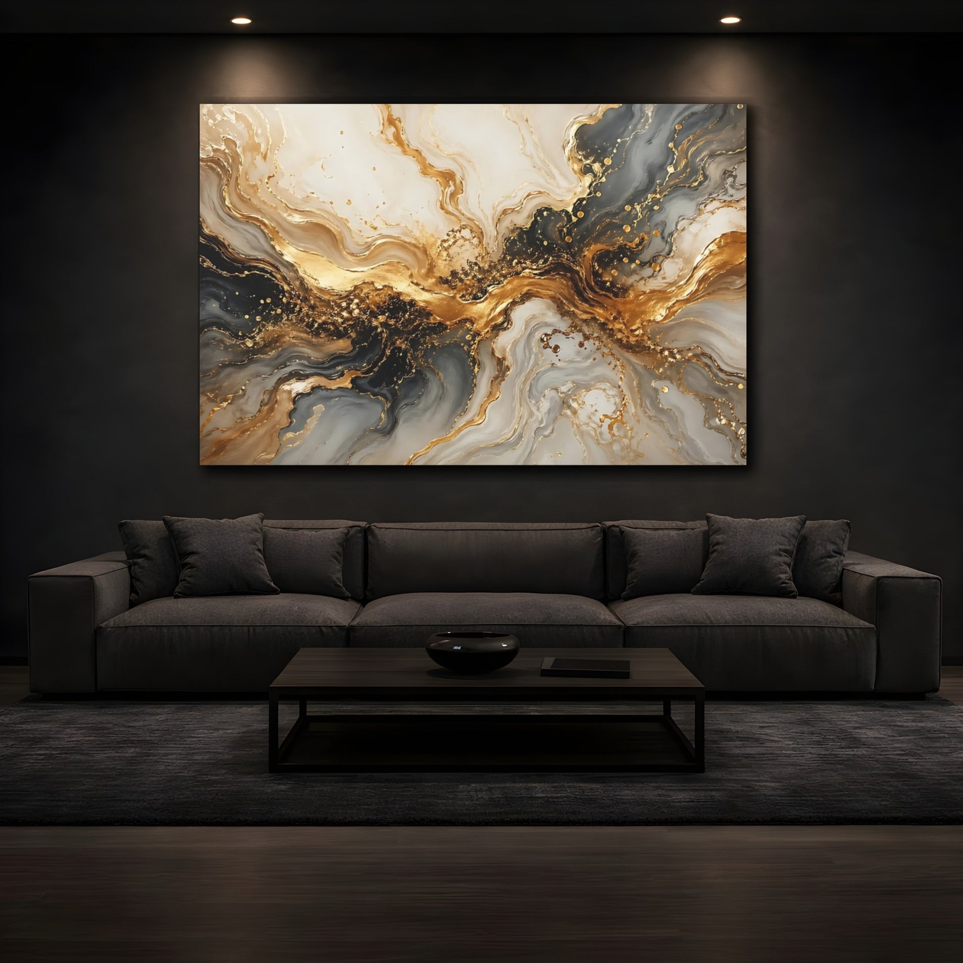 Mockup 3. Abstract Abstract Marbling Gold And Grey shown as stretched canvas wall art