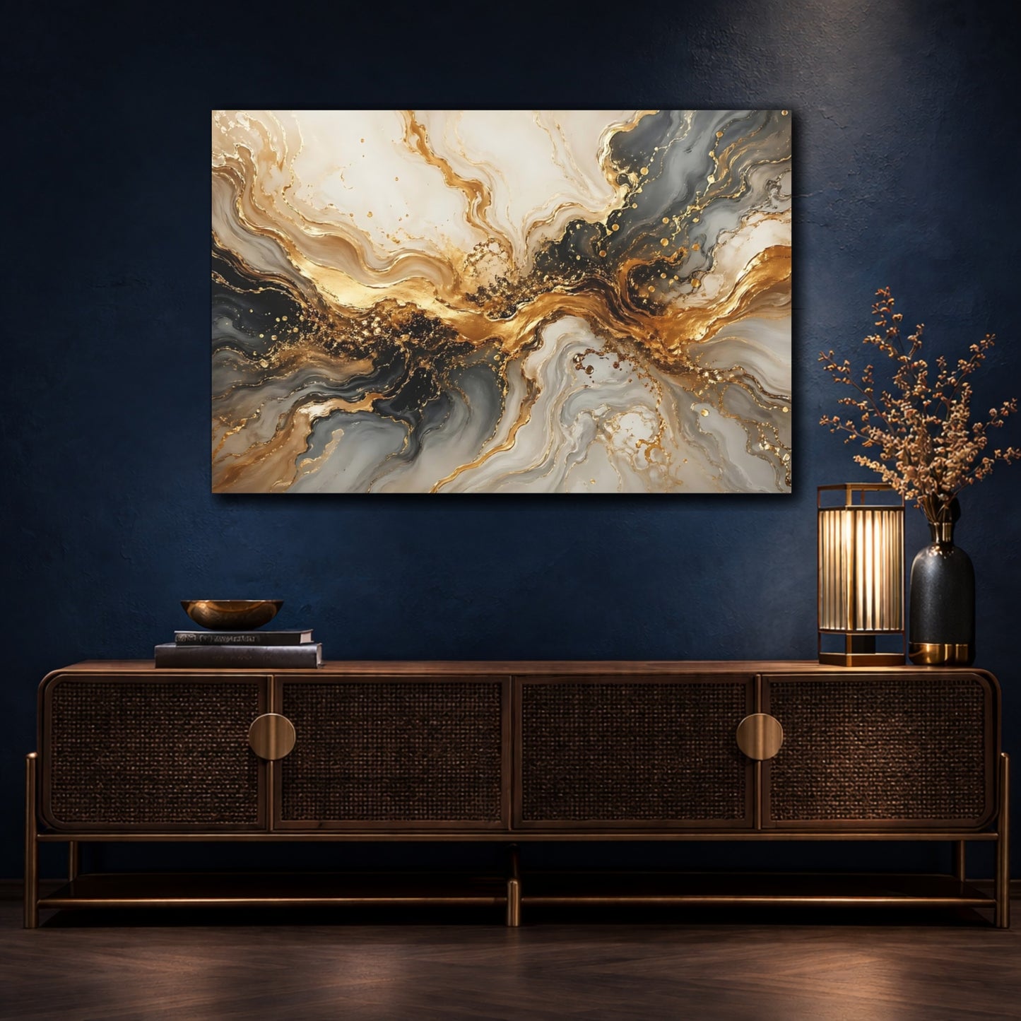 Mockup 4. Abstract Abstract Marbling Gold And Grey shown as stretched canvas wall art