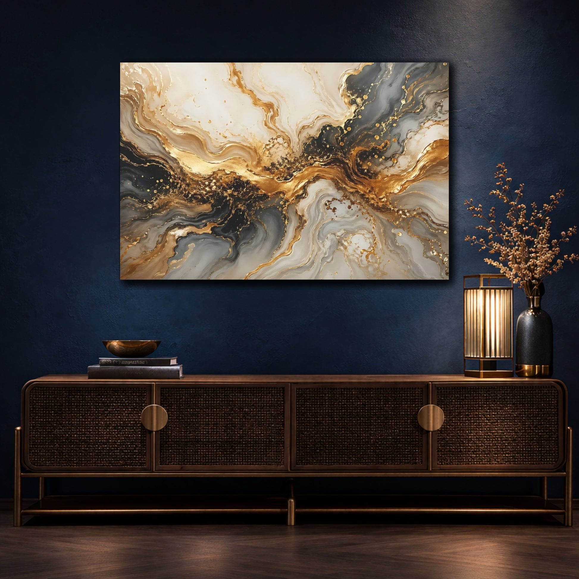 Mockup 4. Abstract Abstract Marbling Gold And Grey shown as stretched canvas wall art