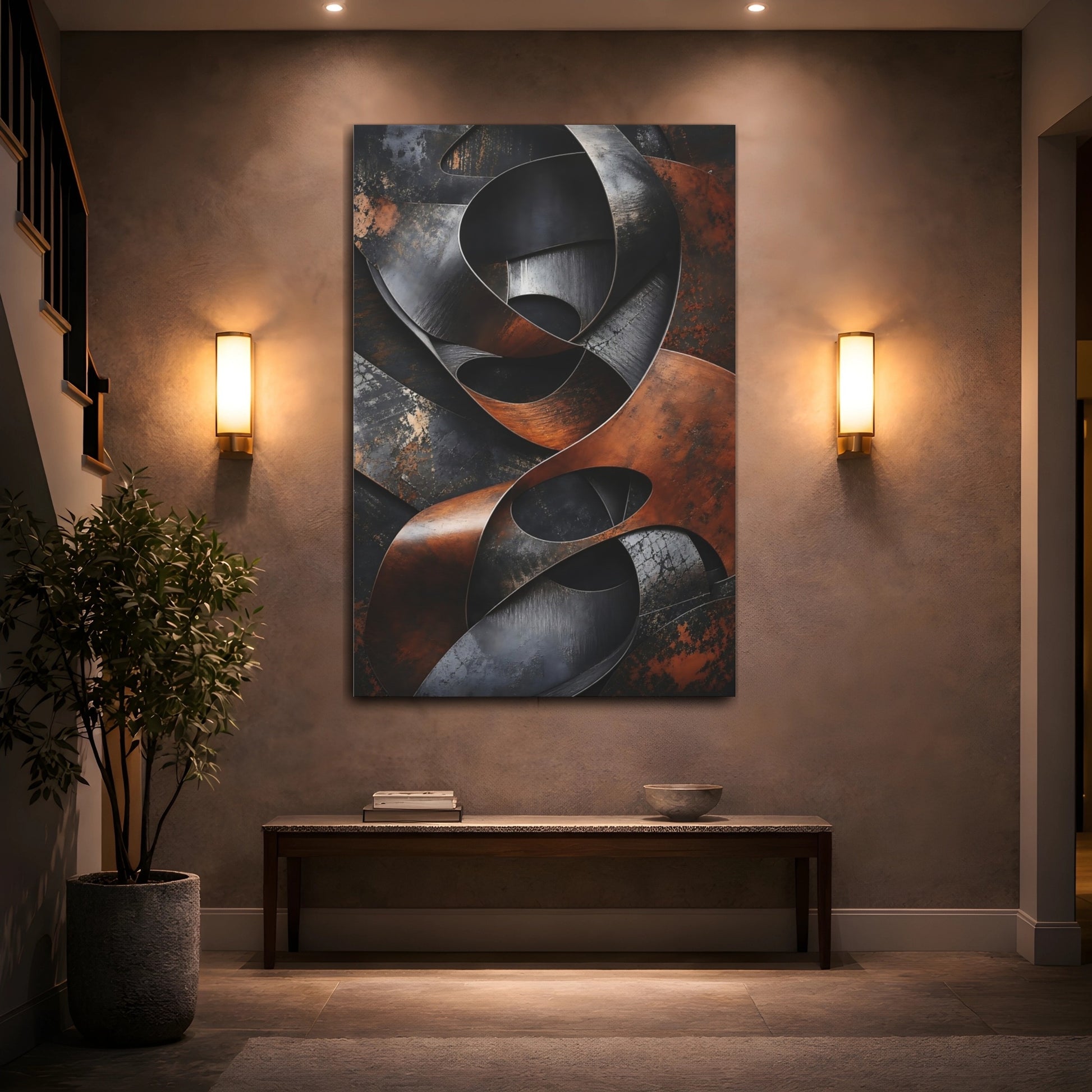 Mockup 2. Abstract Abstract Metal Brown And Black shown as stretched canvas wall art