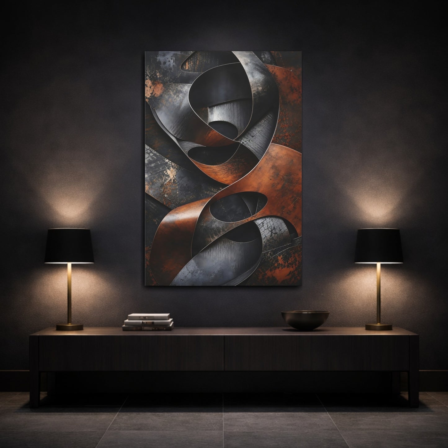Mockup 3. Abstract Abstract Metal Brown And Black shown as stretched canvas wall art