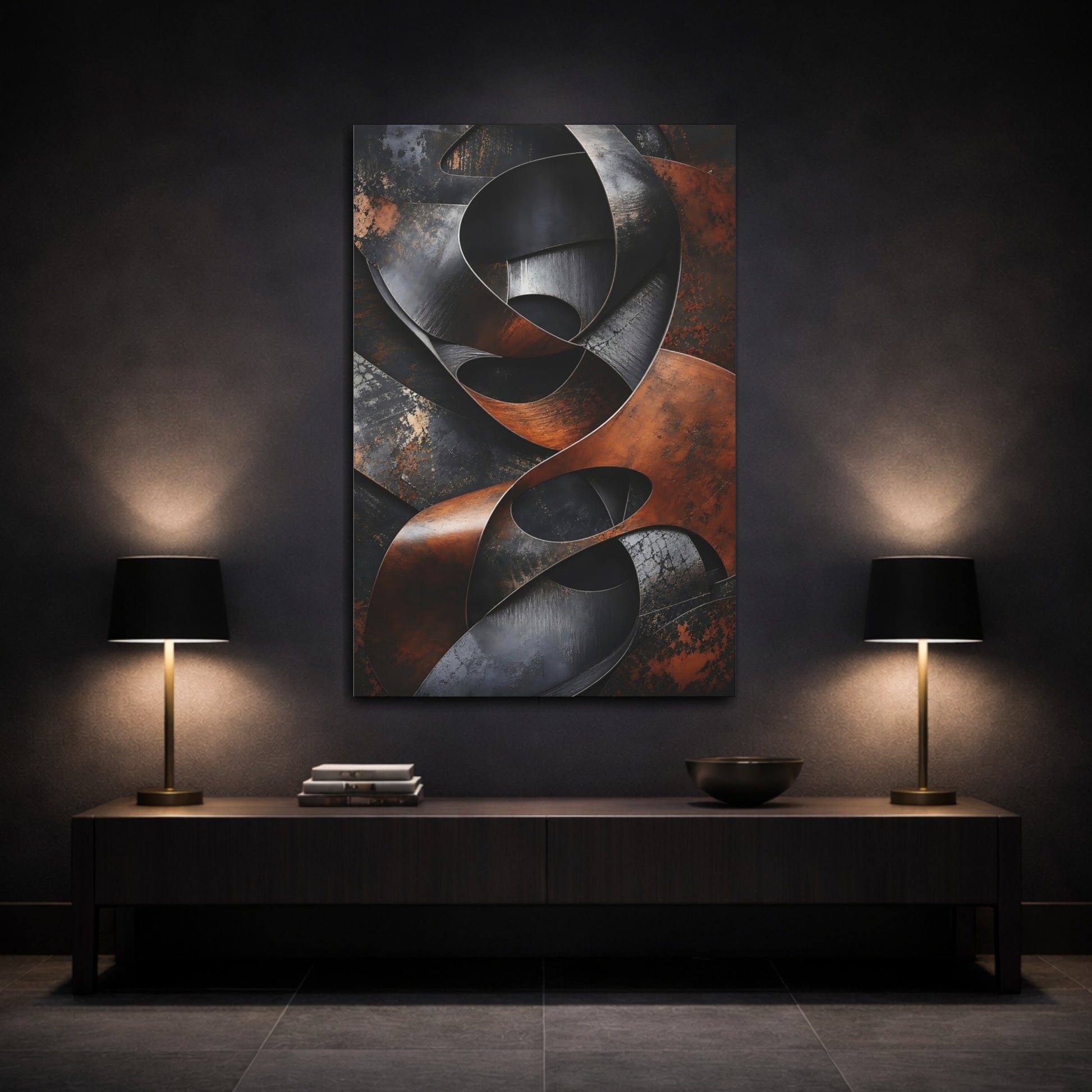 Mockup 3. Abstract Abstract Metal Brown And Black shown as stretched canvas wall art