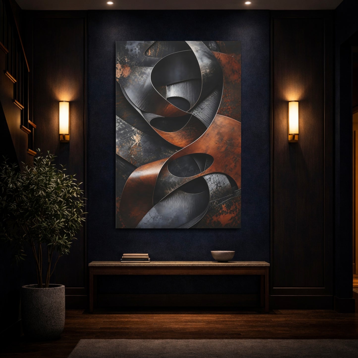 Mockup 4. Abstract Abstract Metal Brown And Black shown as stretched canvas wall art