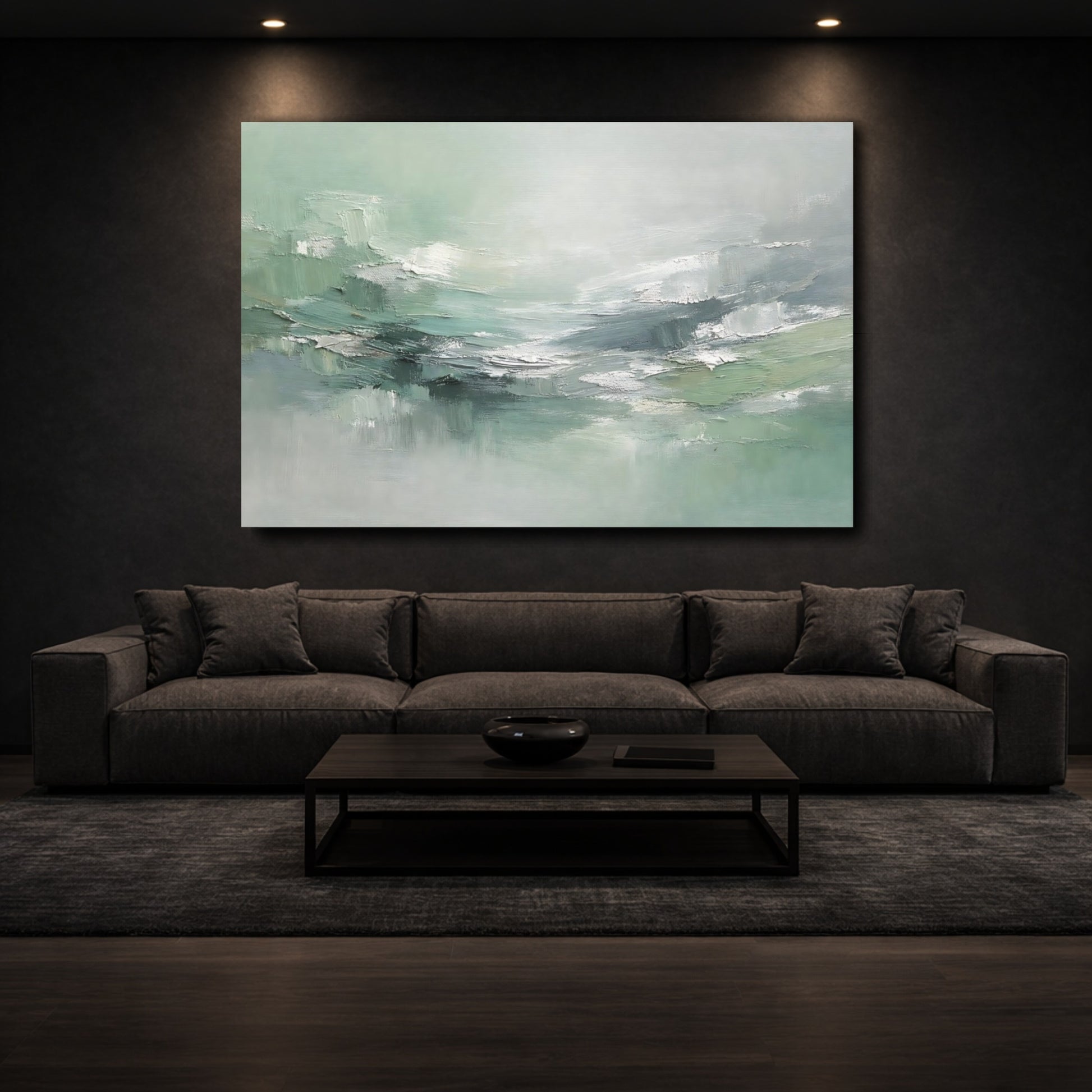 Mockup 2. Abstract Abstract Mint Green Abstract shown as stretched canvas wall art