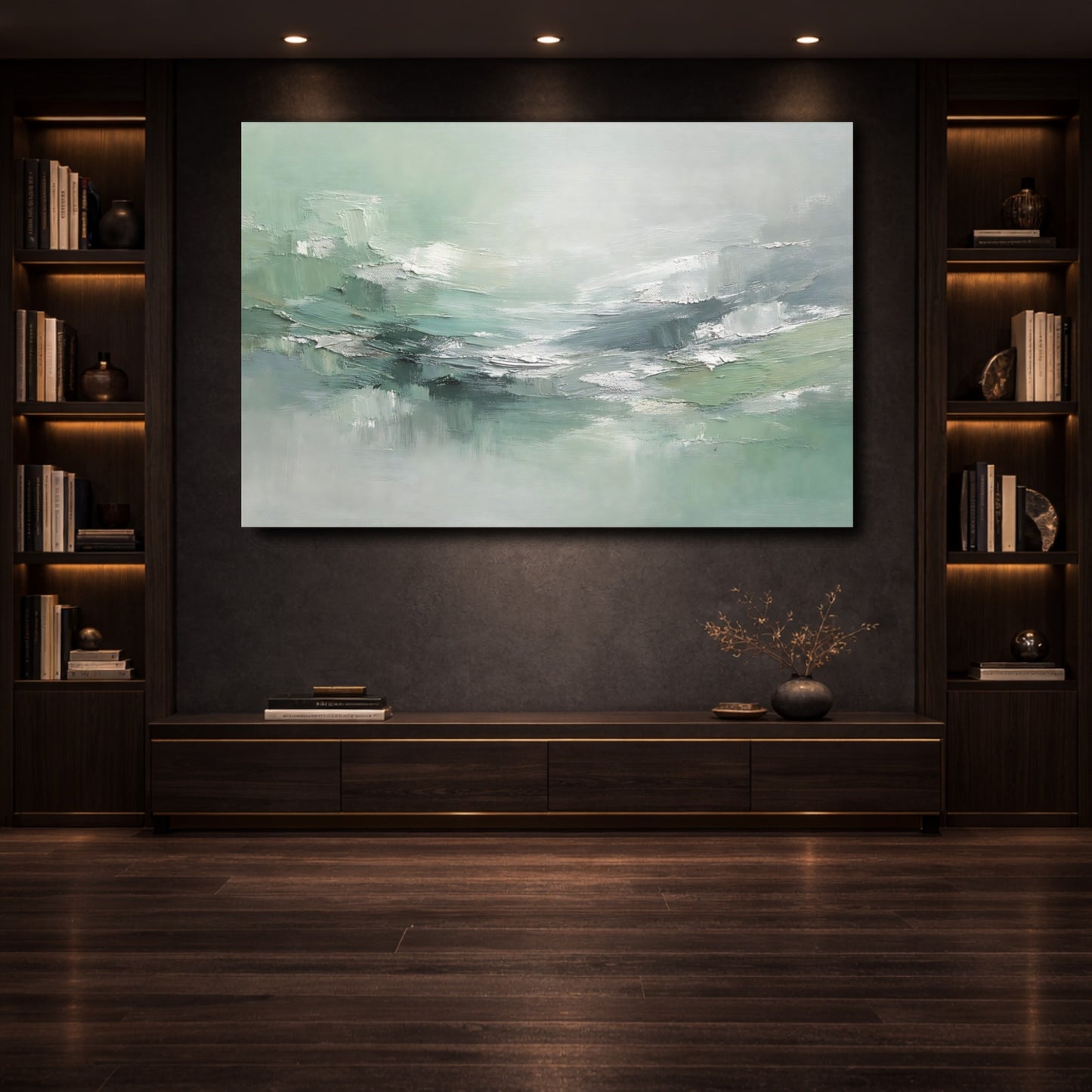Mockup 3. Abstract Abstract Mint Green Abstract shown as stretched canvas wall art