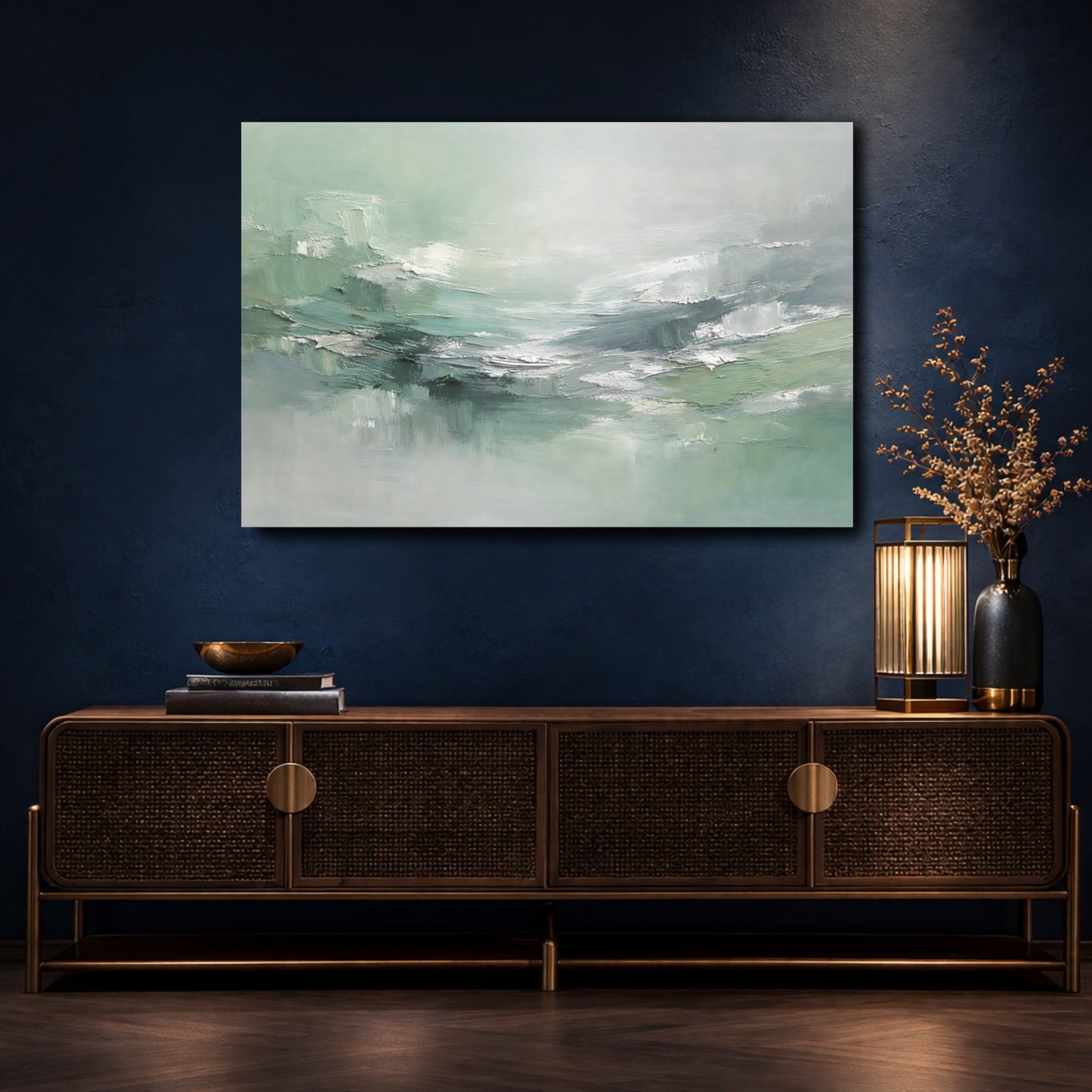 Mockup 4. Abstract Abstract Mint Green Abstract shown as stretched canvas wall art