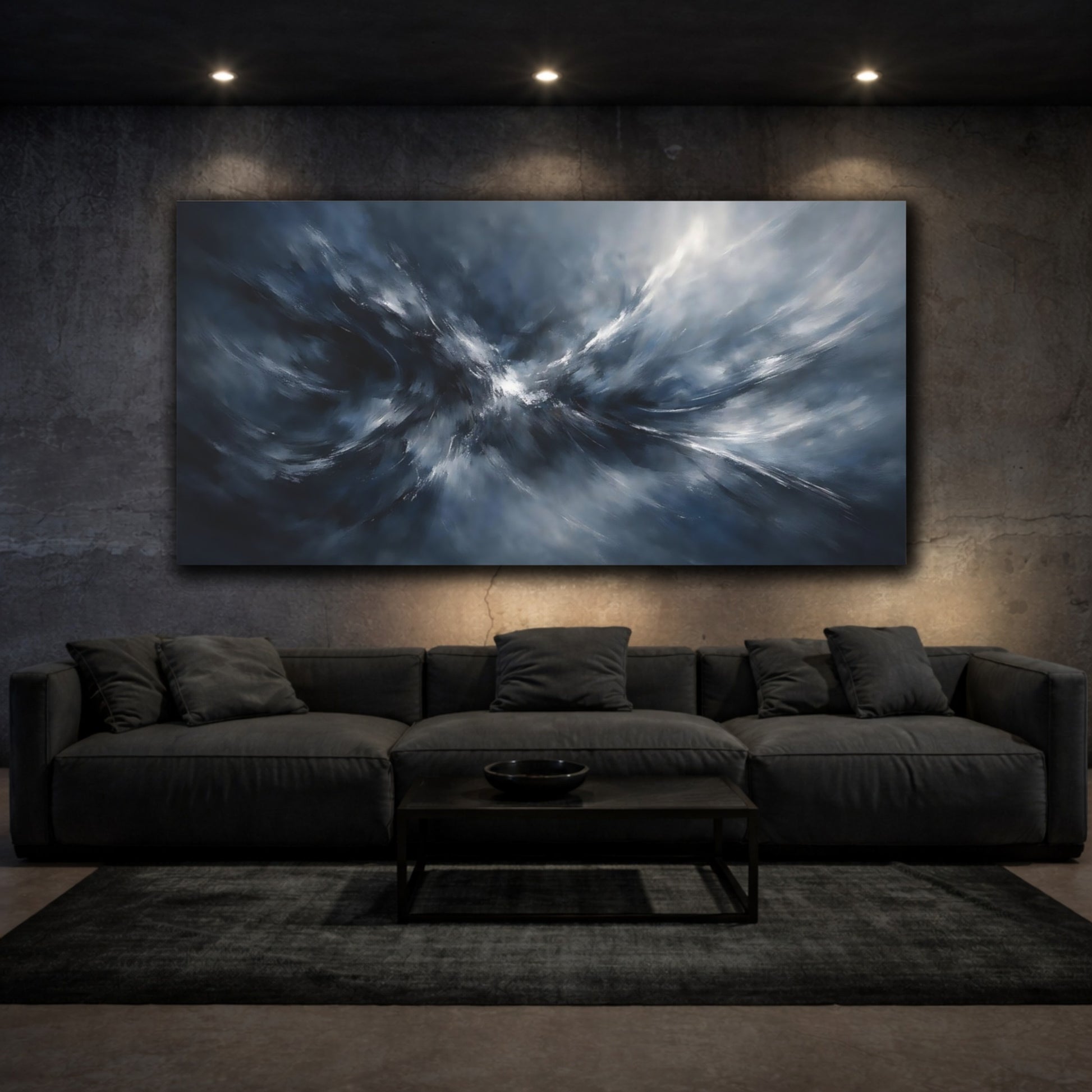 Mockup 2. Abstract Abstract Motion Blue Grey Abstract shown as stretched canvas wall art