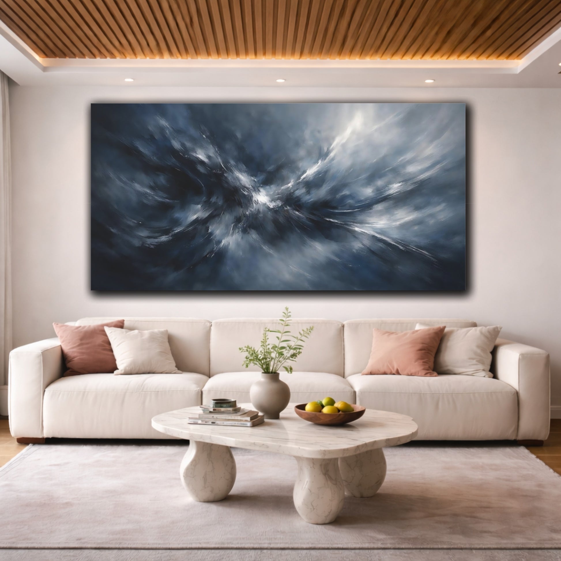 Mockup 3. Abstract Abstract Motion Blue Grey Abstract shown as stretched canvas wall art