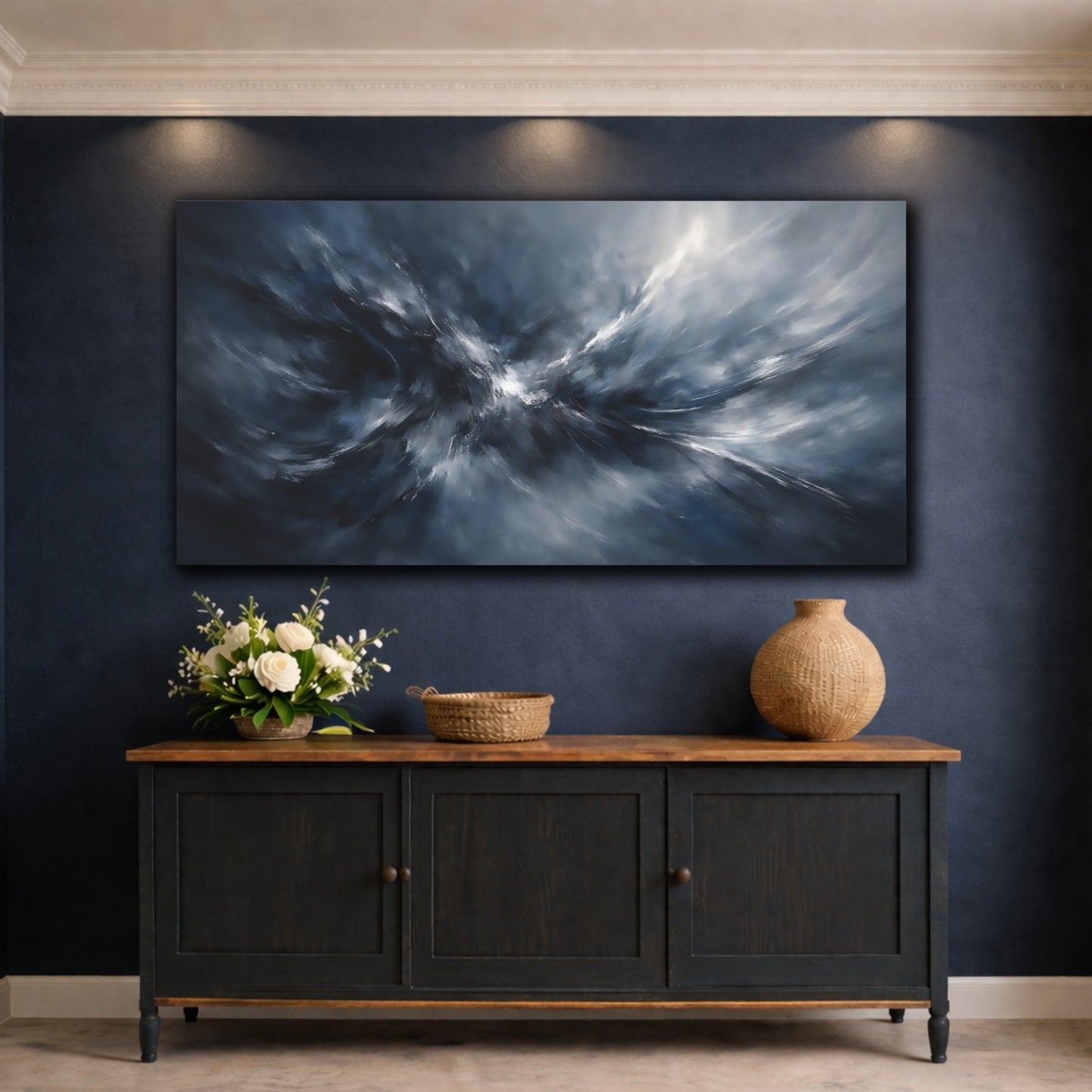 Mockup 4. Abstract Abstract Motion Blue Grey Abstract shown as stretched canvas wall art