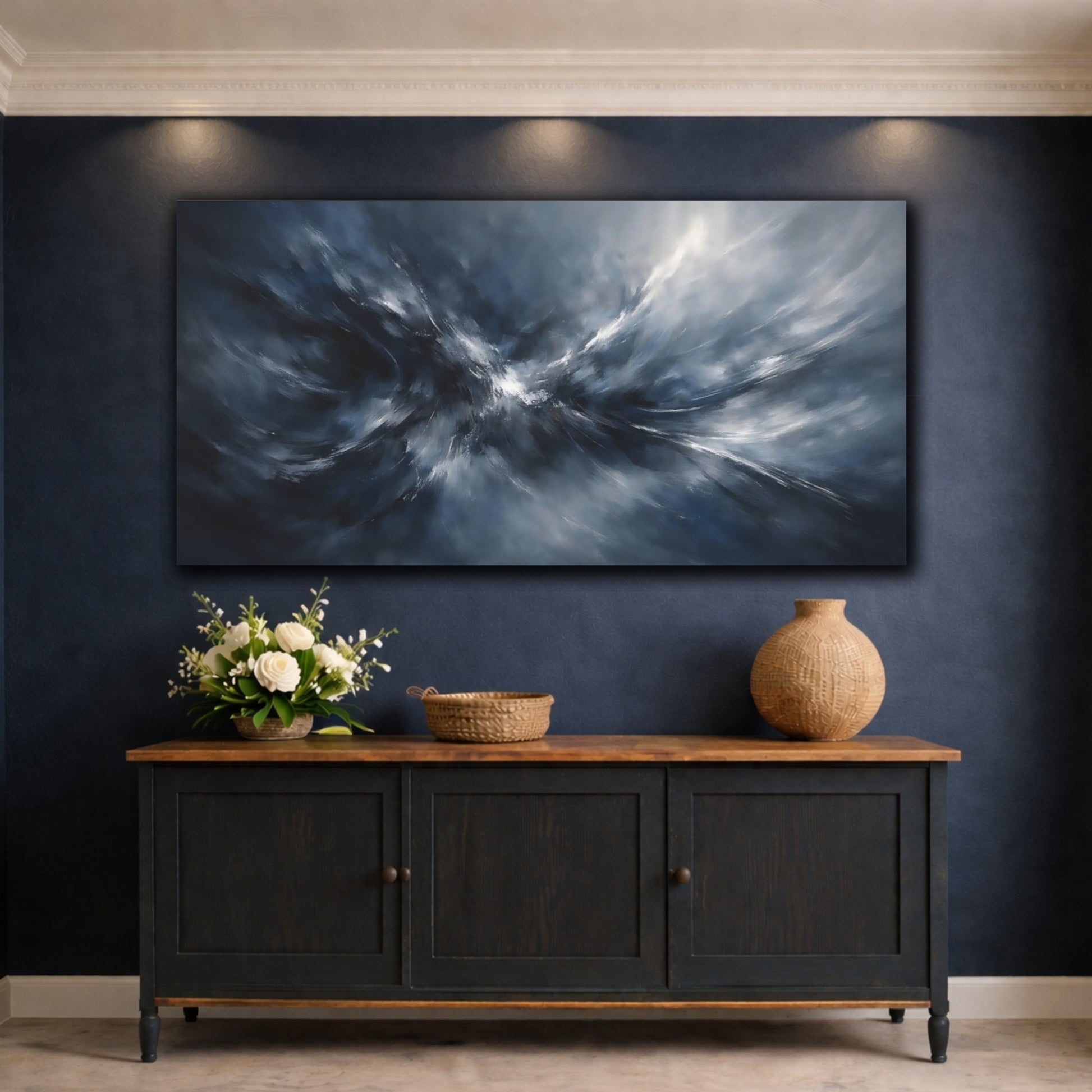 Mockup 4. Abstract Abstract Motion Blue Grey Abstract shown as stretched canvas wall art