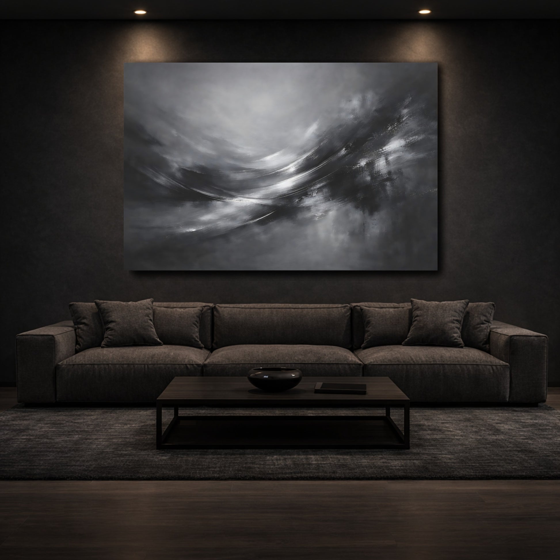 Mockup 2. Abstract Abstract Motion Monochrome Abstract shown as stretched canvas wall art