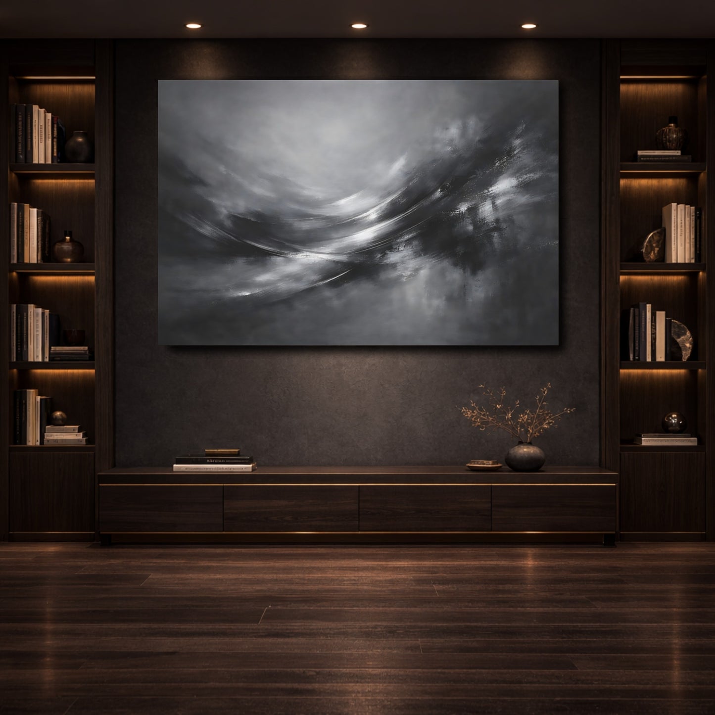 Mockup 3. Abstract Abstract Motion Monochrome Abstract shown as stretched canvas wall art